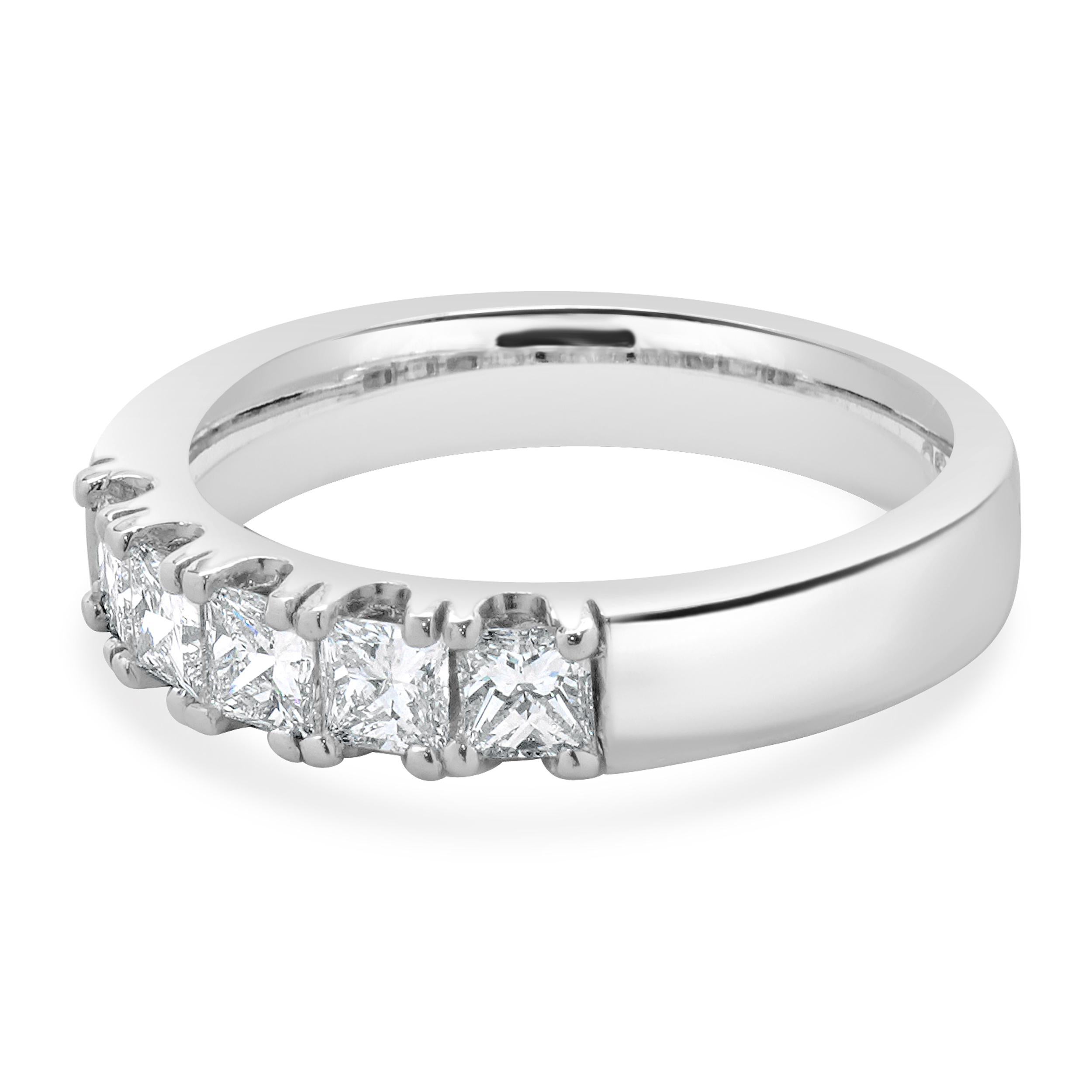 Designer: custom
Material: platinum
Diamond:  5 princess cut = 1.00cttw
Color: G 
Clarity: VS1-2
Ring size: 5.5 (please allow two additional shipping days for sizing requests)
Weight: 7.77 grams
