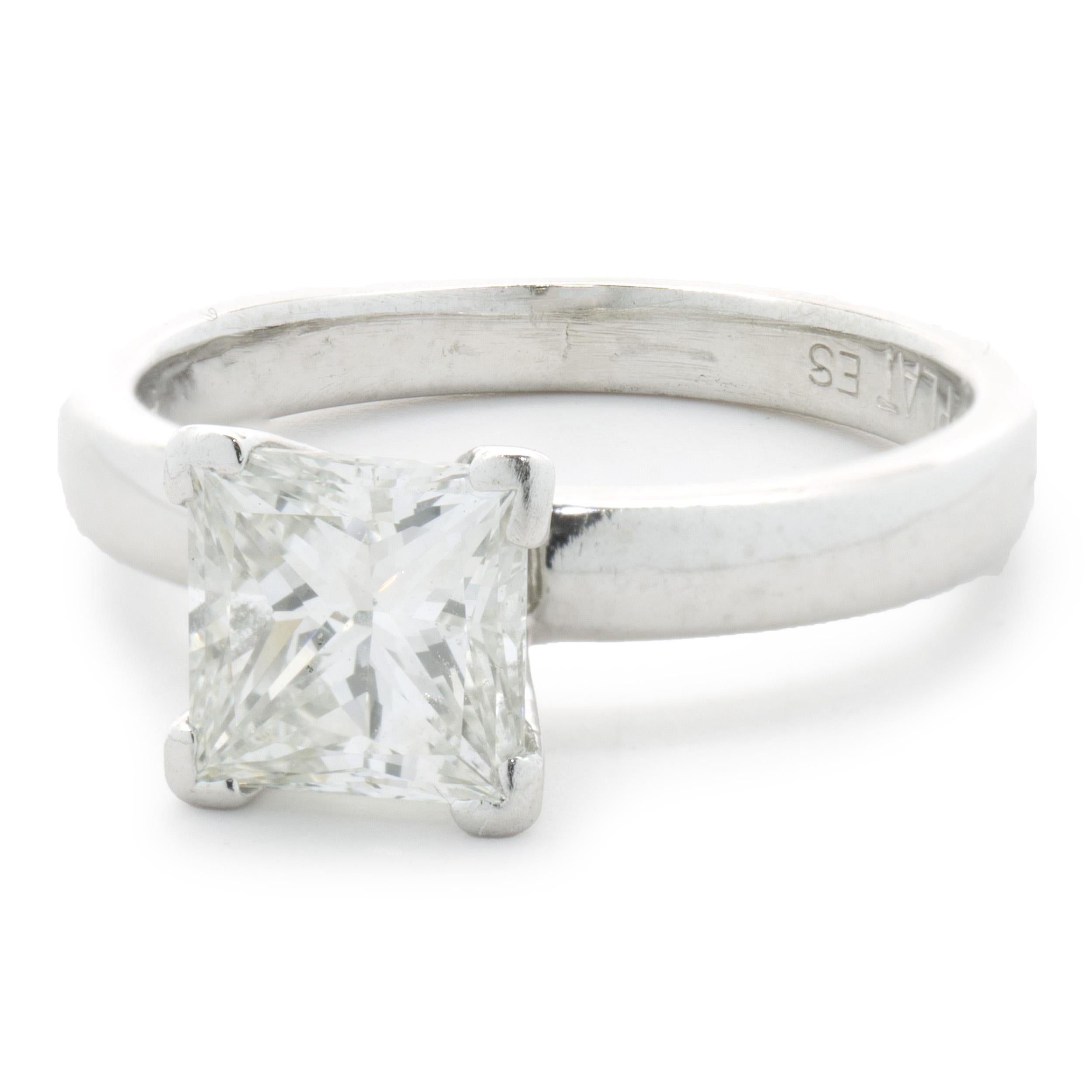 Designer: Custom
Material: platinum
Diamond: 1 princess cut = 1.53ct
Color: I
Clarity: VS2
GIA 15200274
Dimensions: ring top measures 7mm wide
Ring Size: 6 (complimentary sizing available)
Weight: 6.01 grams
