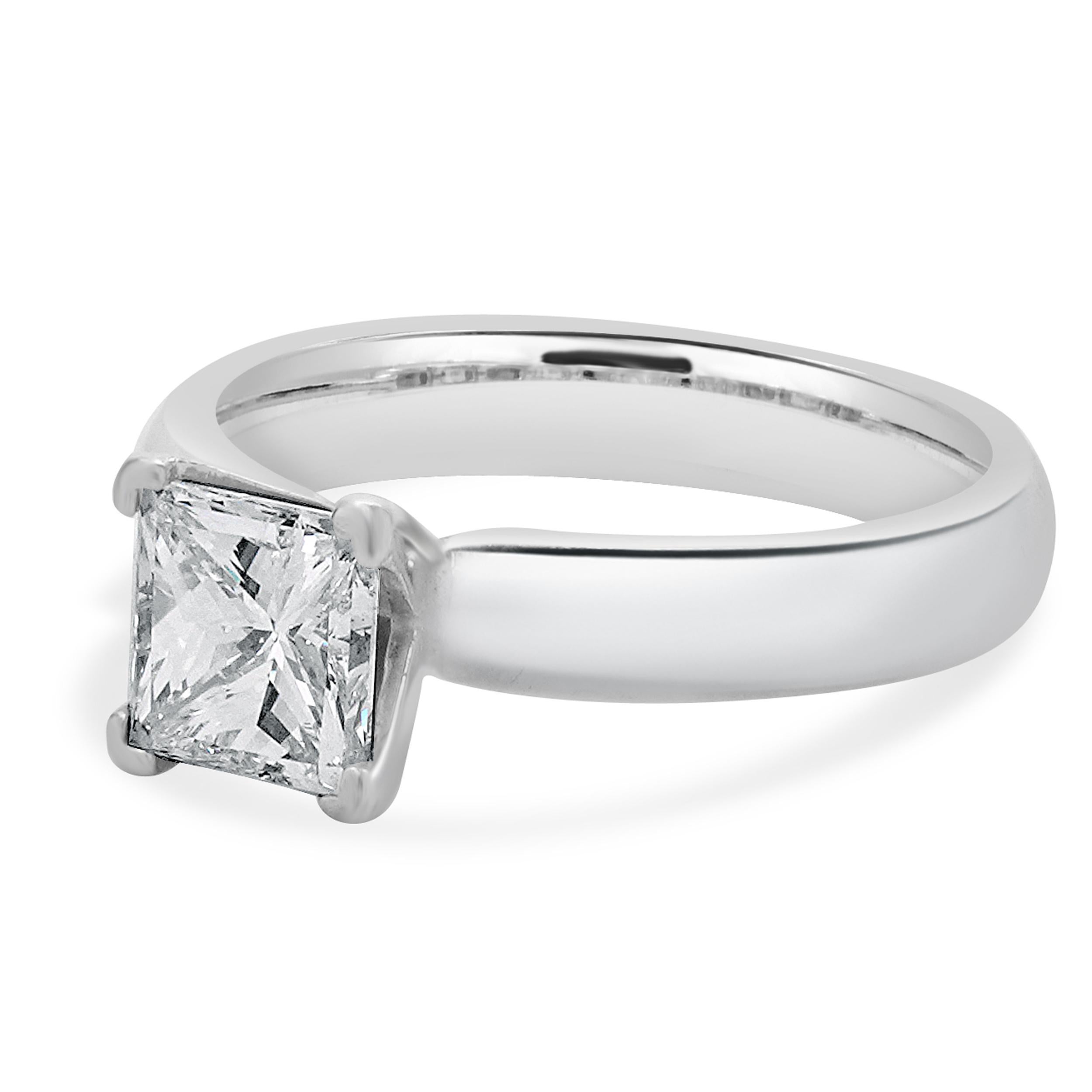 Material: platinum 
Center Diamond: princess cut = 1.51ct
Color: D
Clarity: VVS2
GIA: 16172613
Ring Size: 7.5 (please allow up to 2 additional business days for sizing requests)
Dimensions: ring top measures 7mm wide
Weight: 8.77 grams
