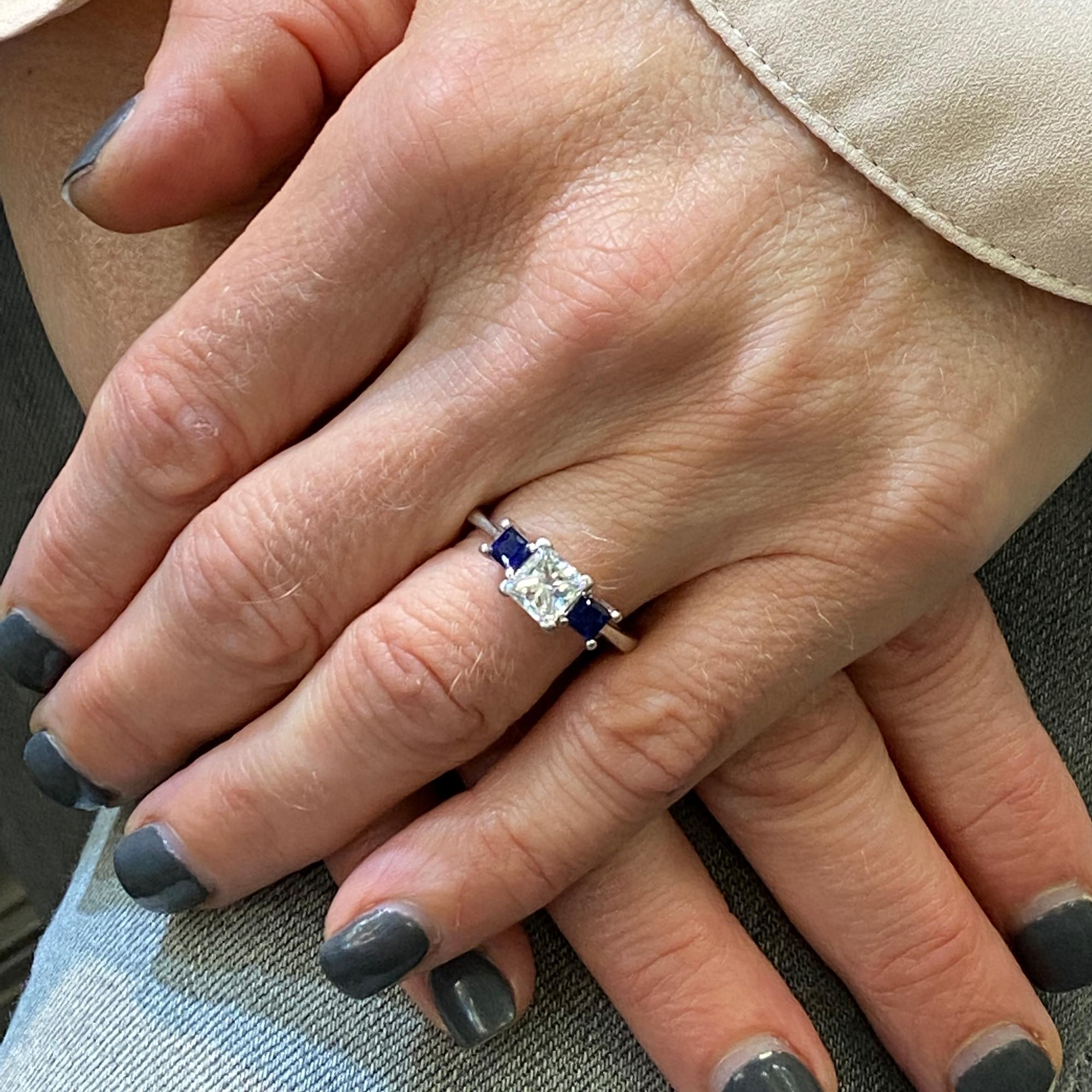 Women's Platinum Princess Cut Diamond Sapphire Three-Stone Engagement Ring GIA G/VS2
