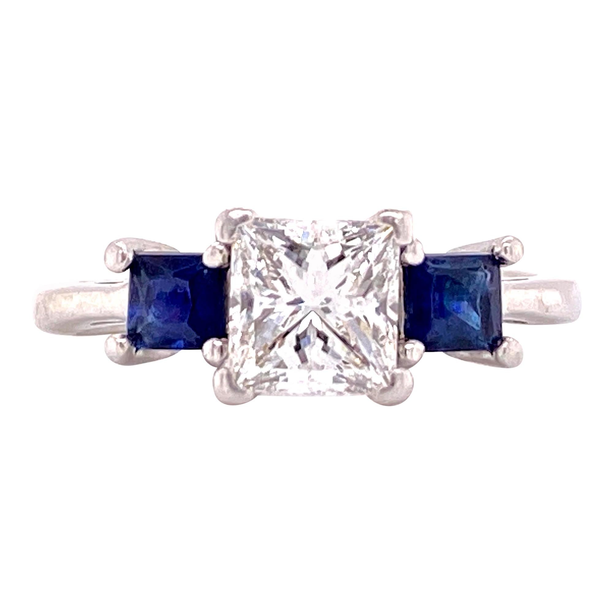 Platinum Princess Cut Diamond Sapphire Three-Stone Engagement Ring GIA G/VS2