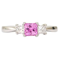 Platinum Princess Cut Pink Sapphire and Diamond Three-Stone Trilogy Dress Ring
