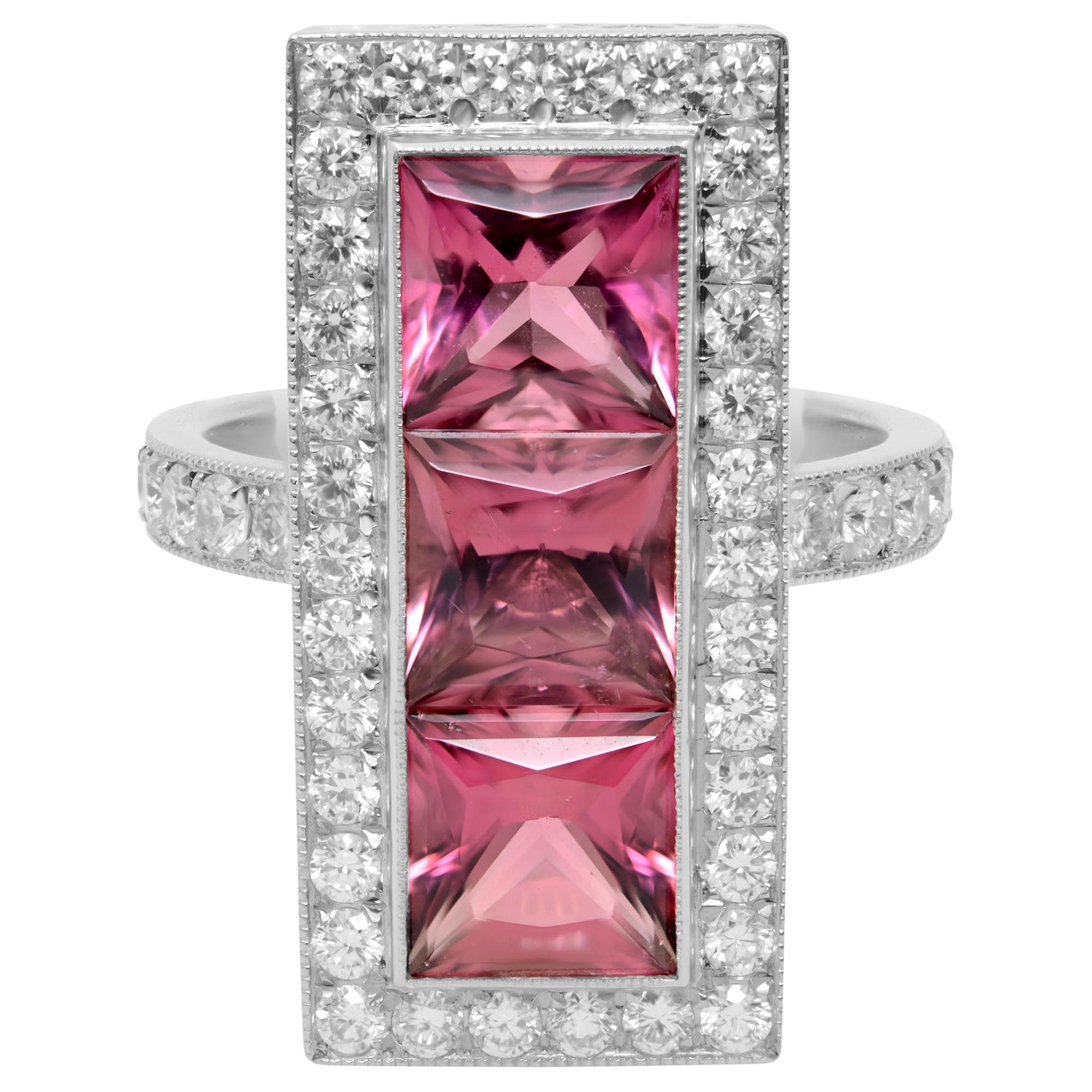 Platinum Princess Cut Pink Tourmaline Three Stone Diamonds Halo Ring For Sale