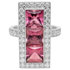 Platinum Princess Cut Pink Tourmaline Three Stone Diamonds Halo Ring