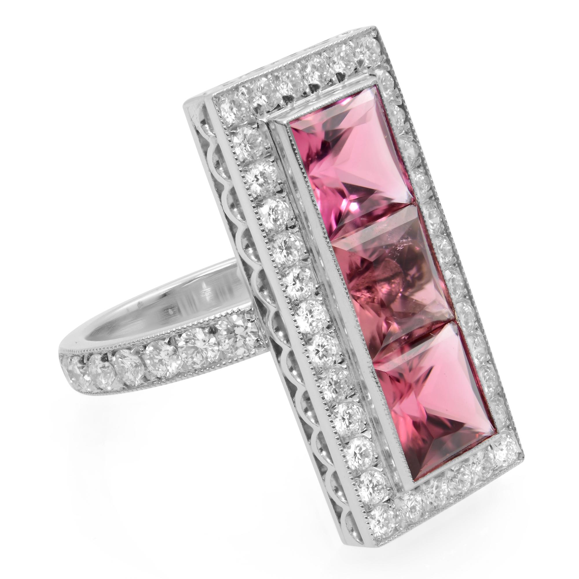 Modern Platinum Princess Cut Pink Tourmaline Three Stone Diamonds Halo Ring For Sale