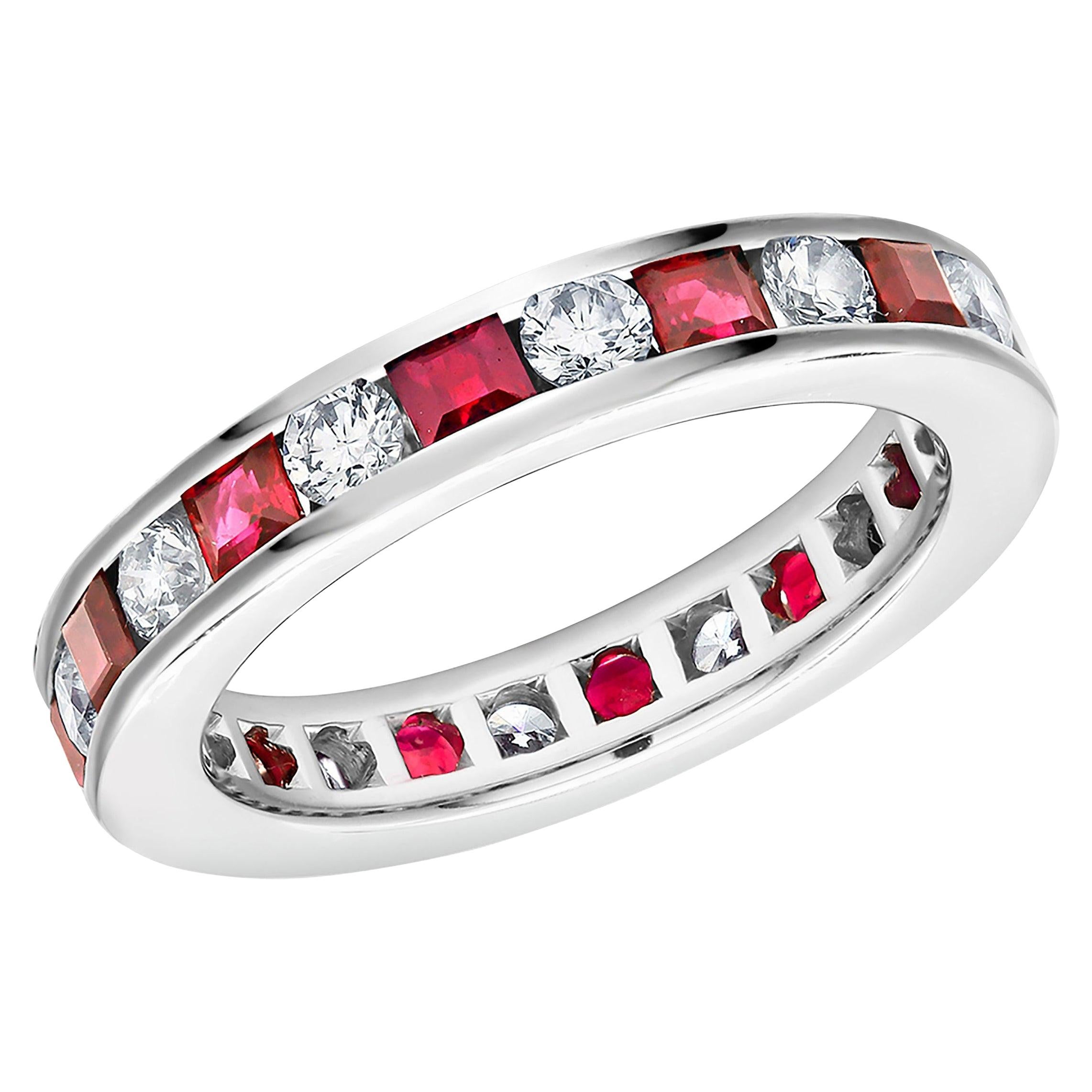 Princess Ruby and Diamond Eternity Hand Engraved Platinum Band For Sale