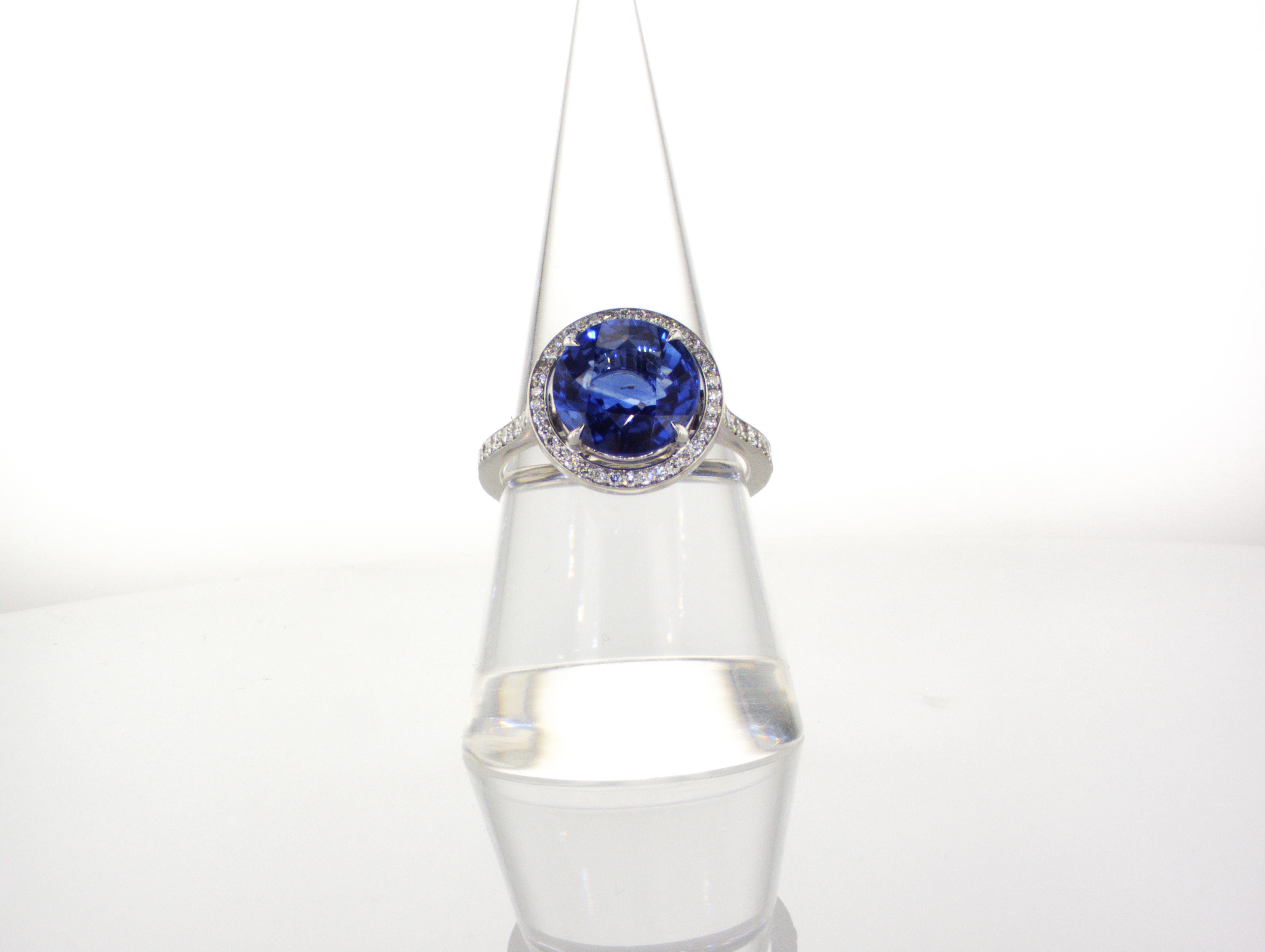 Brilliant Cut Platinum PT950 Ring with GRS Certified 4.20 Carat Round Royal Blue Sapphire For Sale