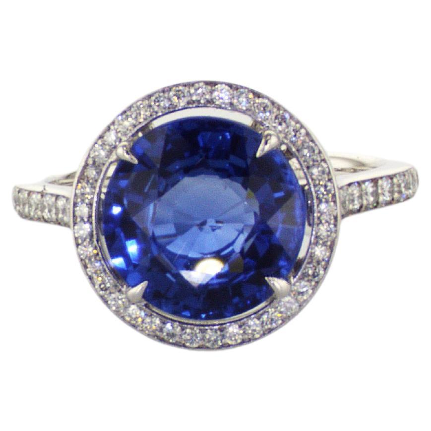 Platinum PT950 Ring with GRS Certified 4.20 Carat Round Royal Blue Sapphire For Sale