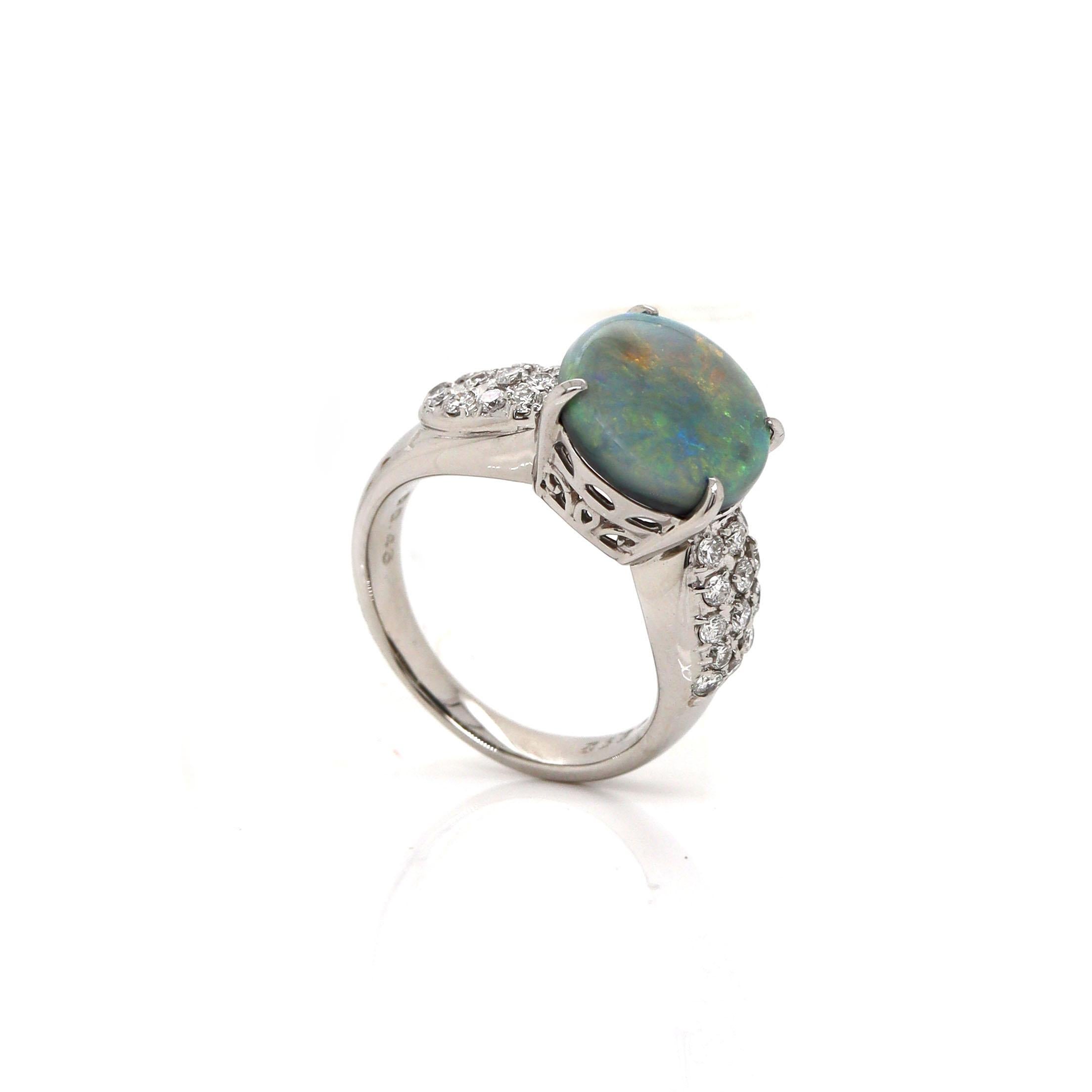 Round Cut Platinum PT900 Australian Opal & Diamond Ring For Sale