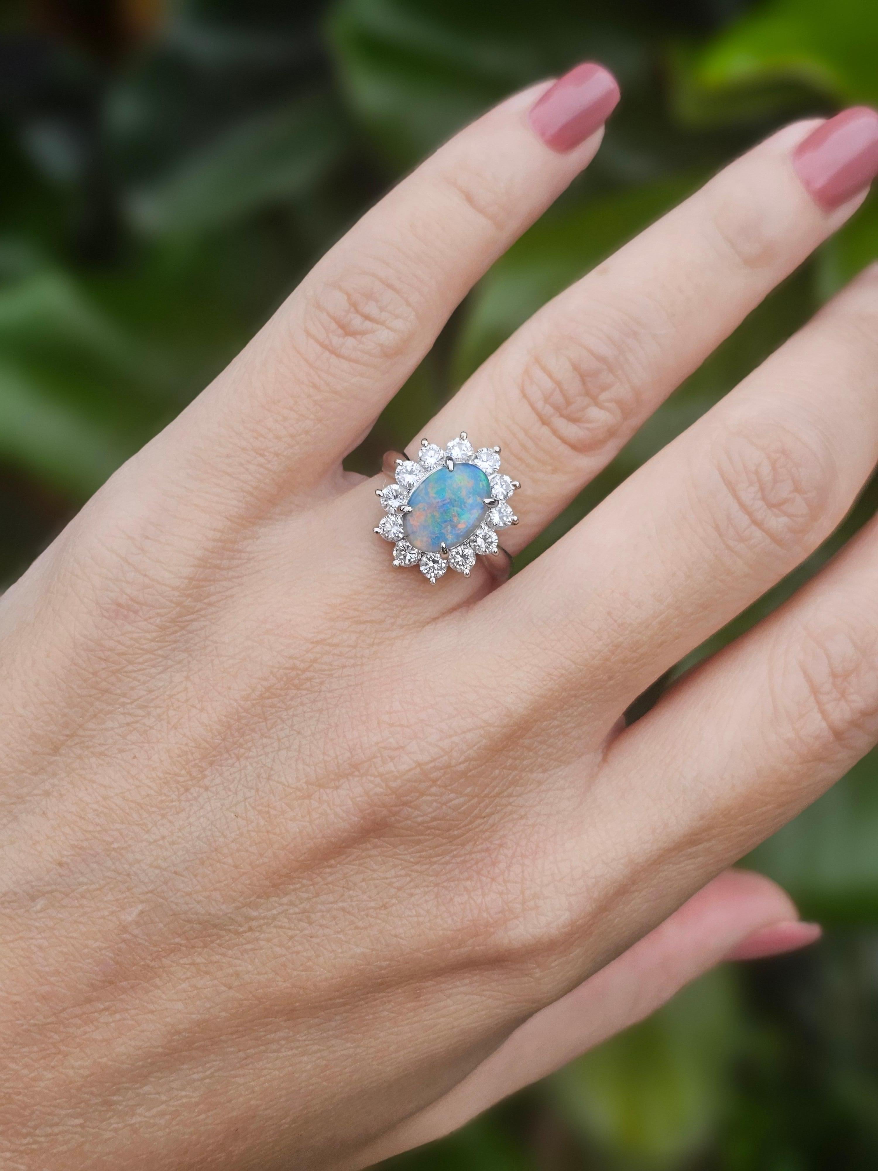 Platinum PT900 Australian Opal & Diamond Ring For Sale 1