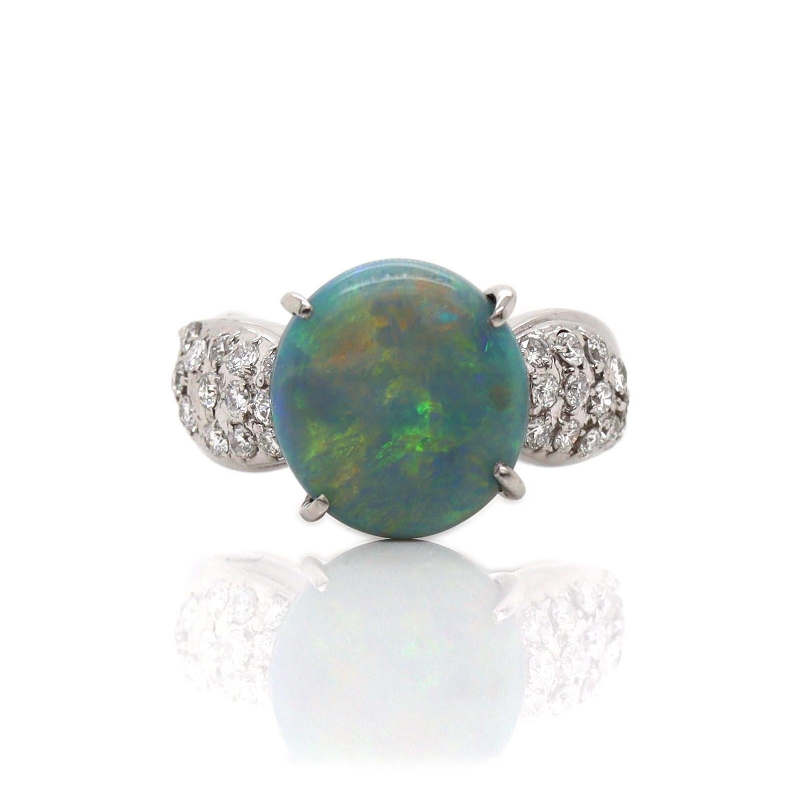 Platinum PT900 Australian Opal & Diamond Ring For Sale 2