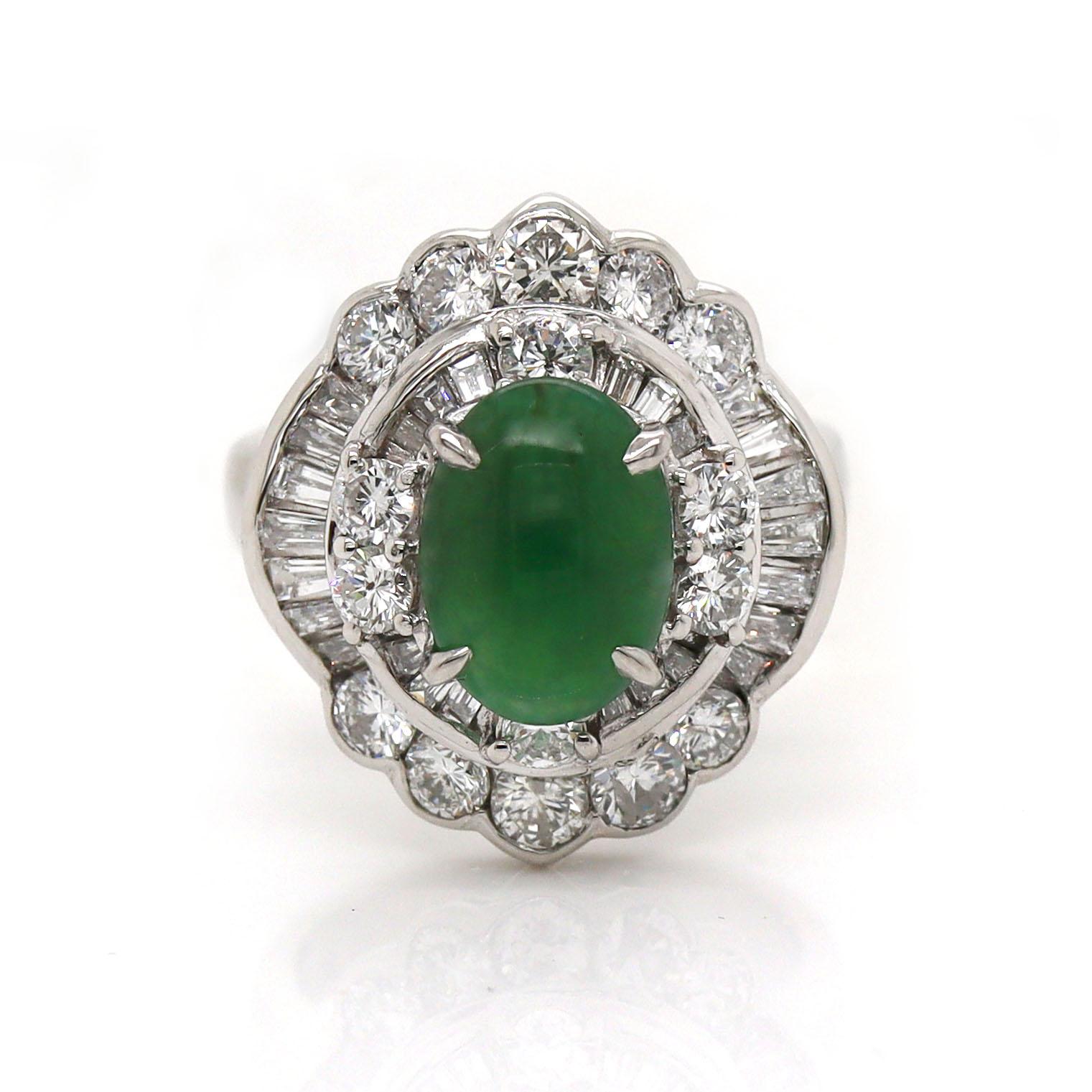 Cabochon Platinum Pt900 Jade and Diamond Ring For Sale