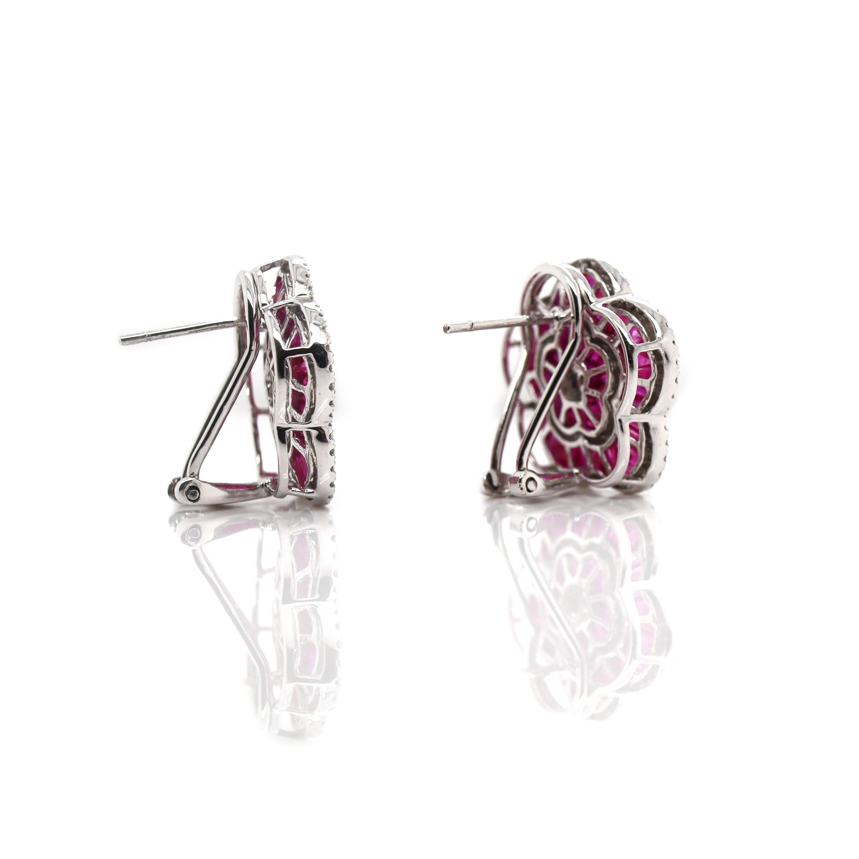 French Cut Platinum PT900 Ruby & Diamond Earrings For Sale