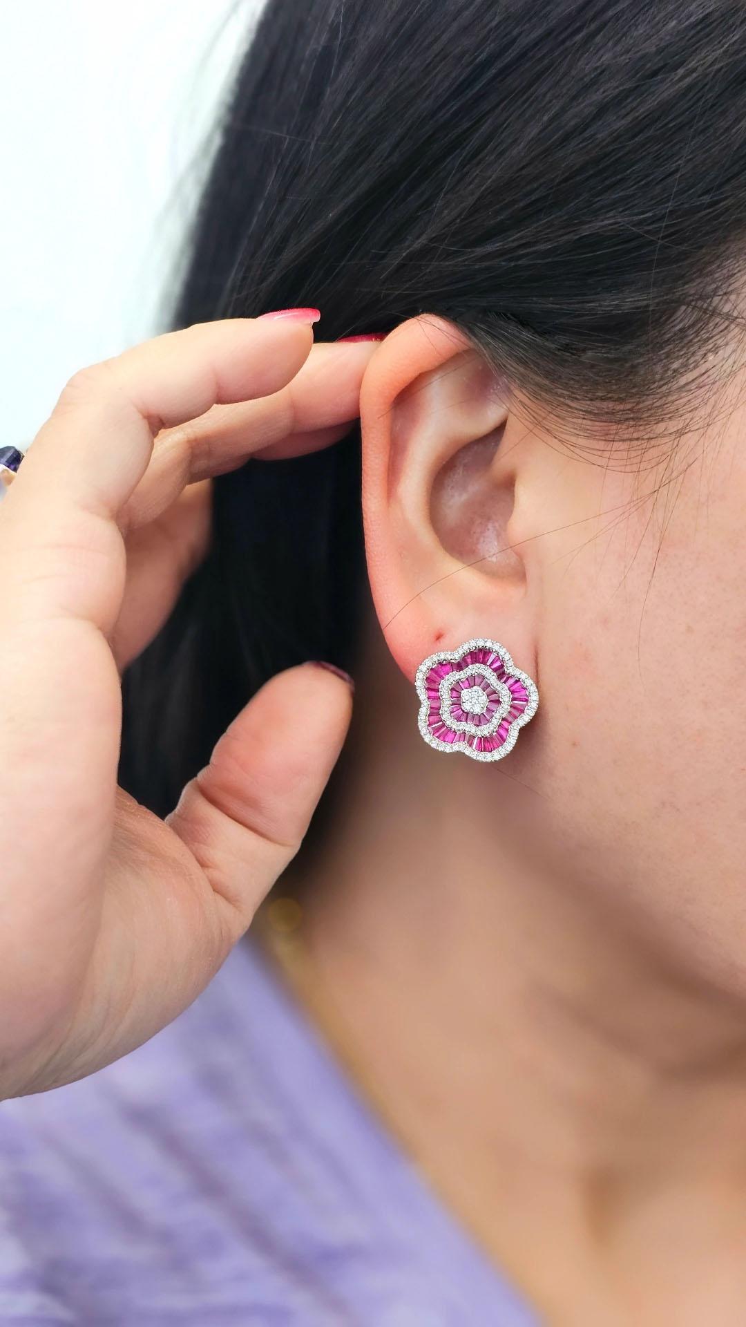 Platinum PT900 Ruby & Diamond Earrings In New Condition For Sale In Sydney, NSW