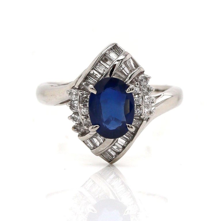 Bague Femme En Platine Pt900 Avec Saphir Et Diamants – Taille US 10.5 – Occasion Bon état