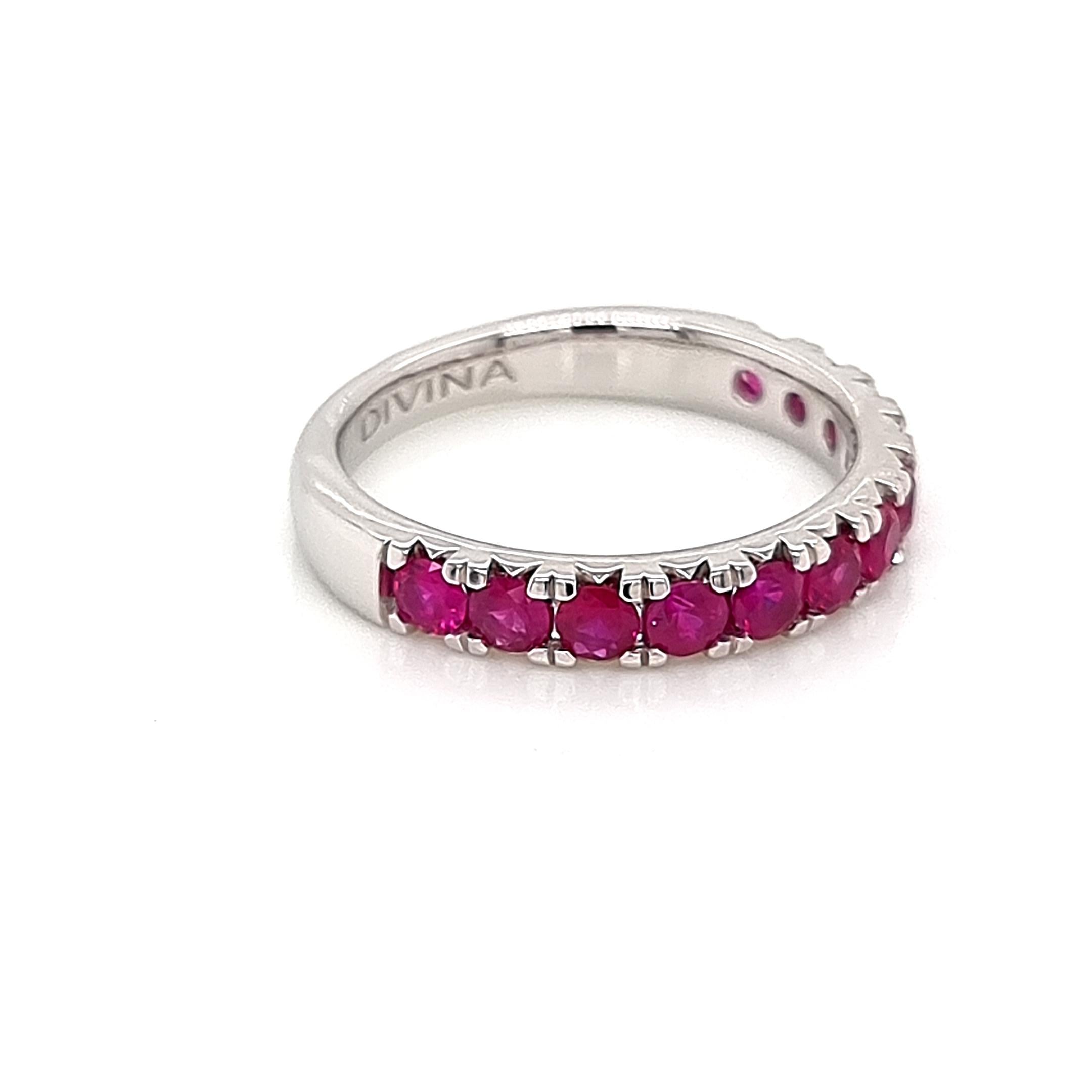 Introducing the Platinum Half-Shank Ring Band with Rubies, a captivating blend of elegance and vibrance. This exquisite piece of jewelry is crafted with the utmost precision and artistry to create a stunning accessory that will leave a lasting