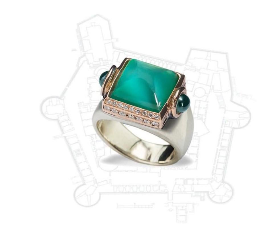 Art Deco Rossella Ugolini Platinum White Diamonds Green Tourmaline Cocktail Ring For Sale