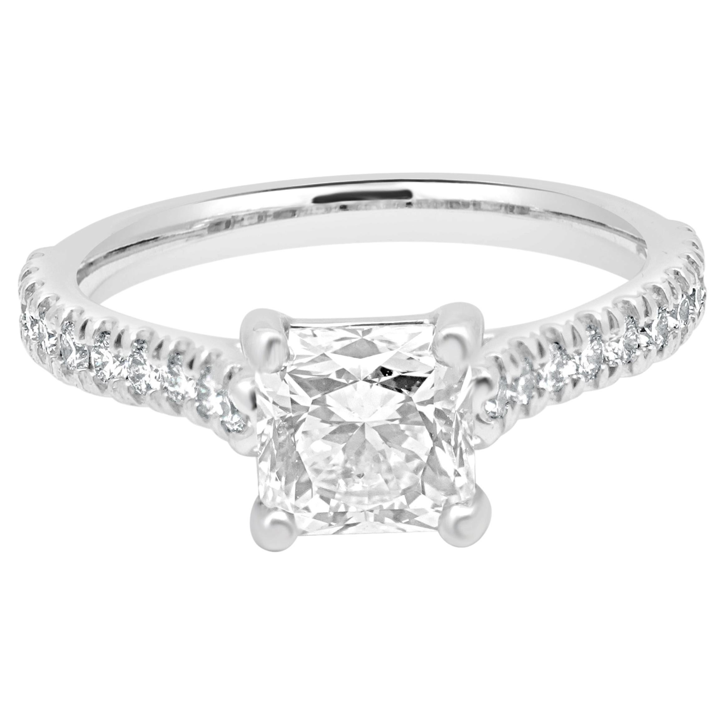 Platinum Radiant Cut and Round Diamond Engagement Ring For Sale