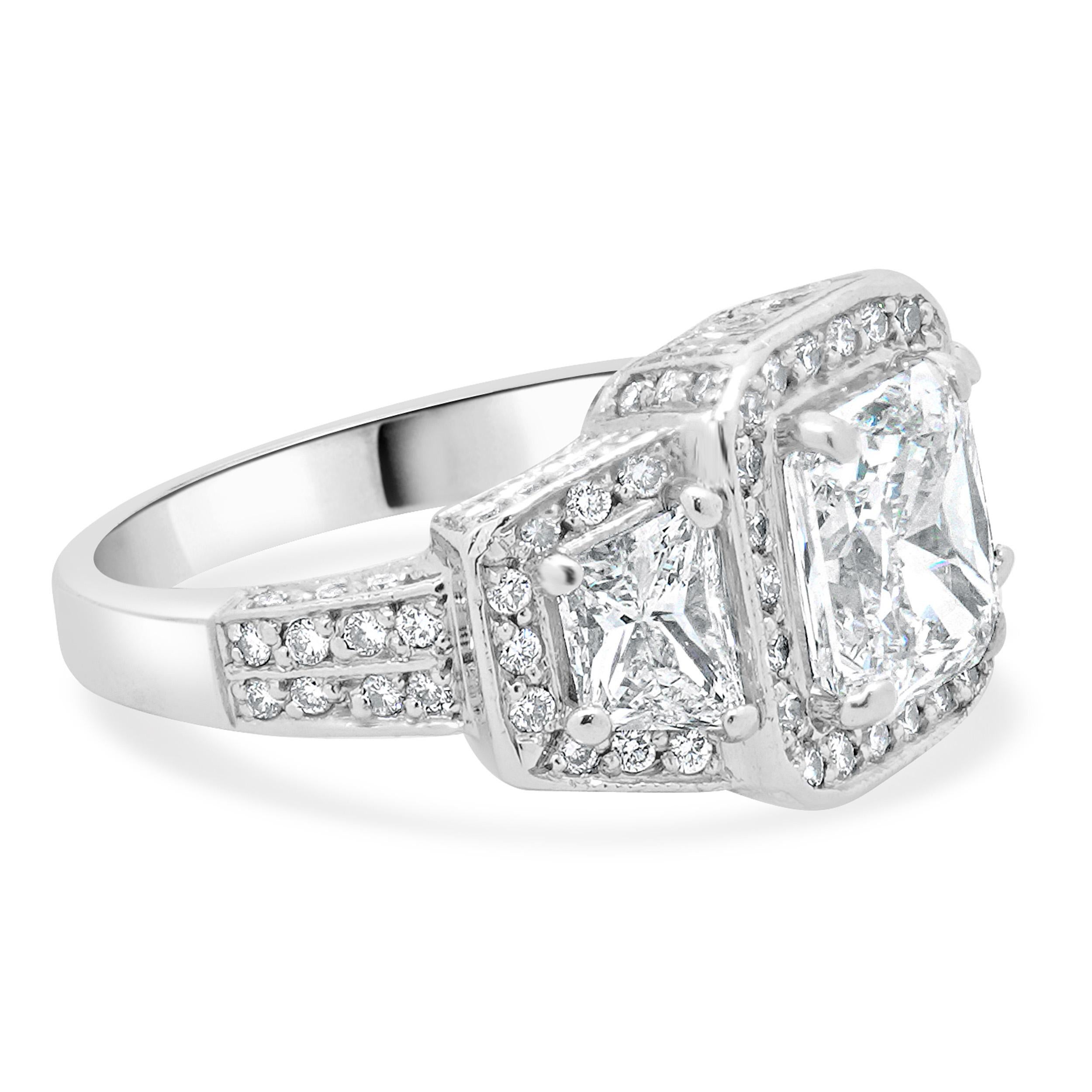 Women's or Men's Platinum Radiant Cut Diamond Engagement Ring For Sale