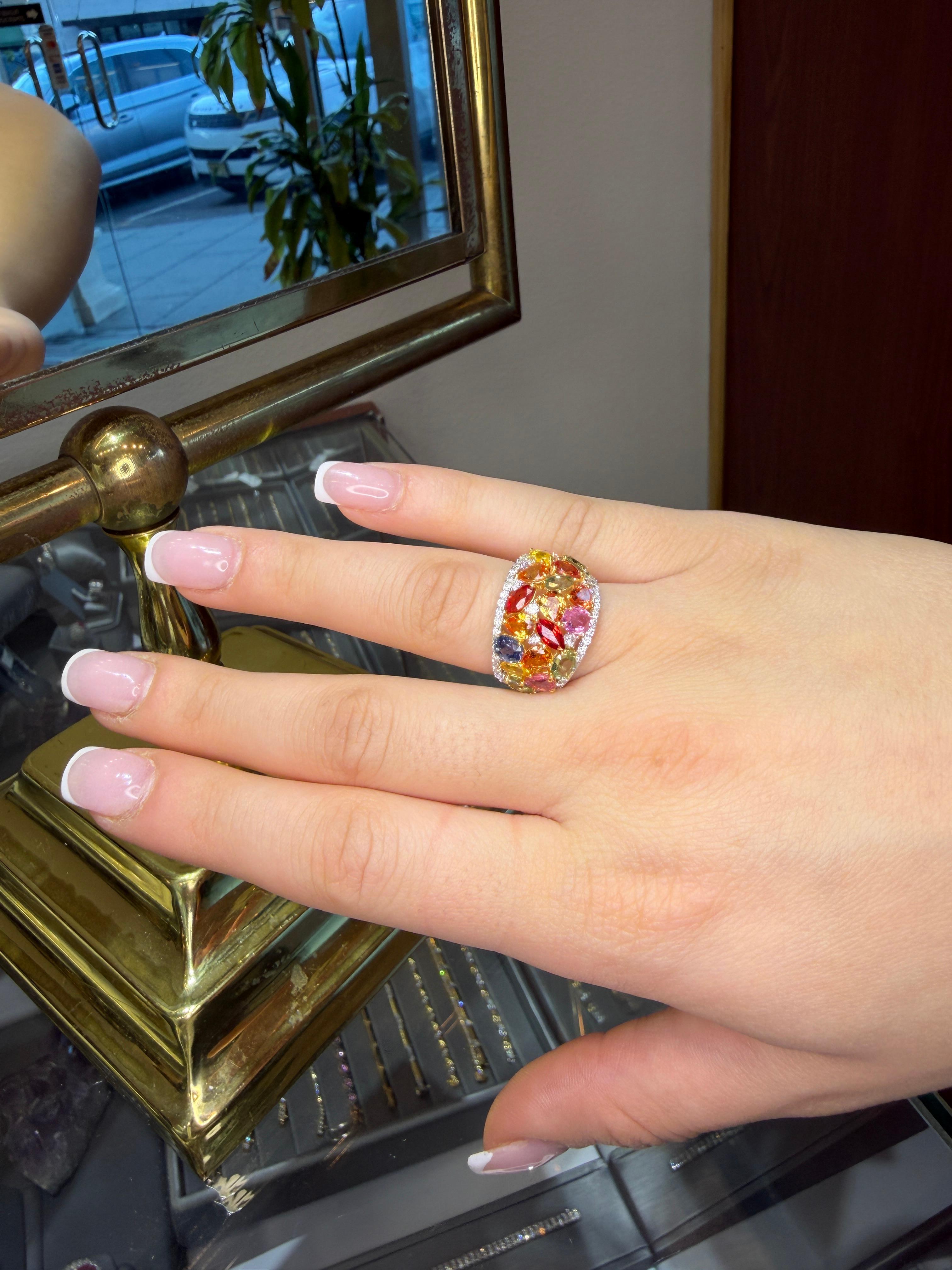 Anello in platino con zaffiri e diamanti Rainbow Diamonds - 6,23 carati di zaffiri multicolore in vendita 6