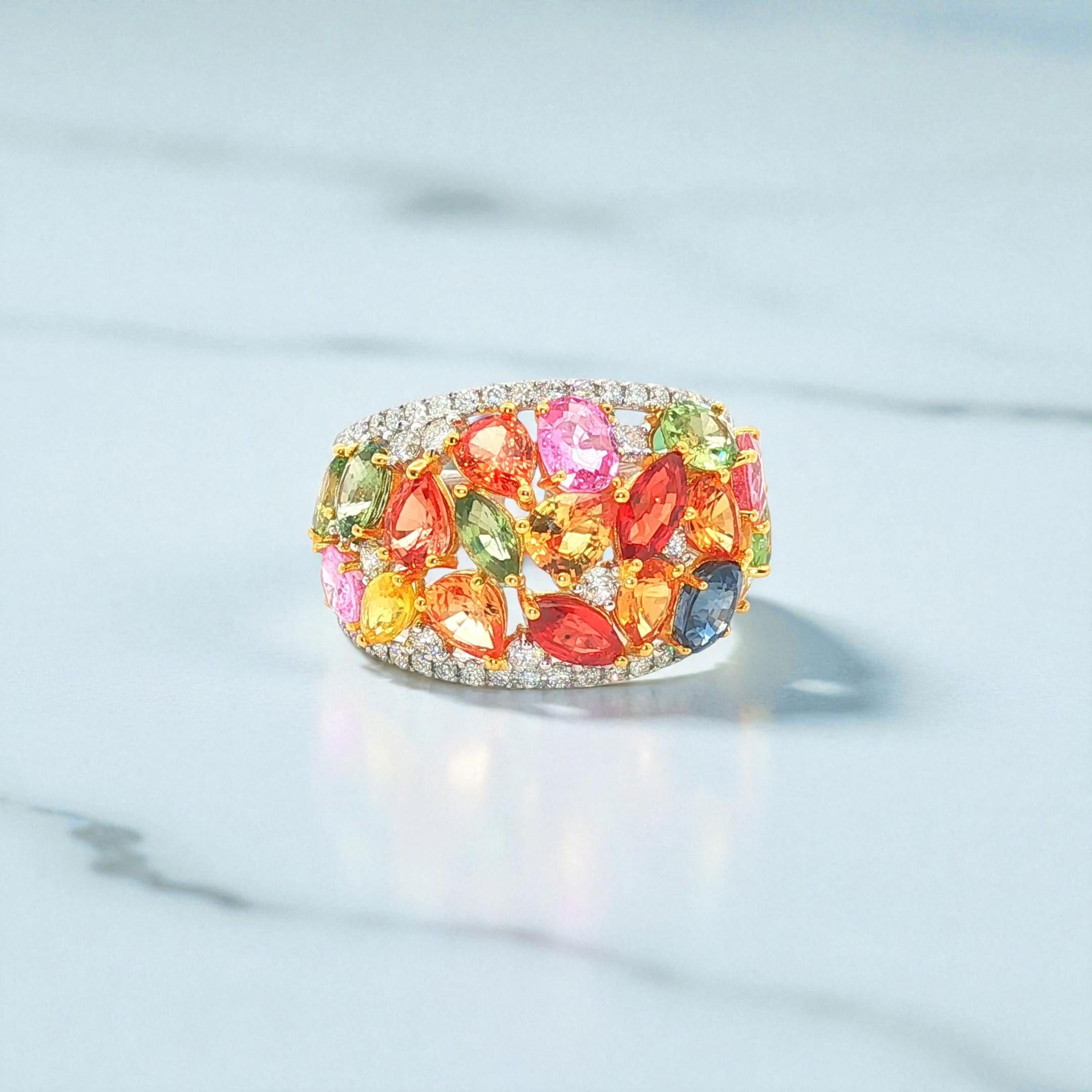 Taglio misto Anello in platino con zaffiri e diamanti Rainbow Diamonds - 6,23 carati di zaffiri multicolore in vendita