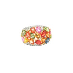 Rainbow Sapphire and Diamond Platinum Ring, Multicolor 6.23ct Dome