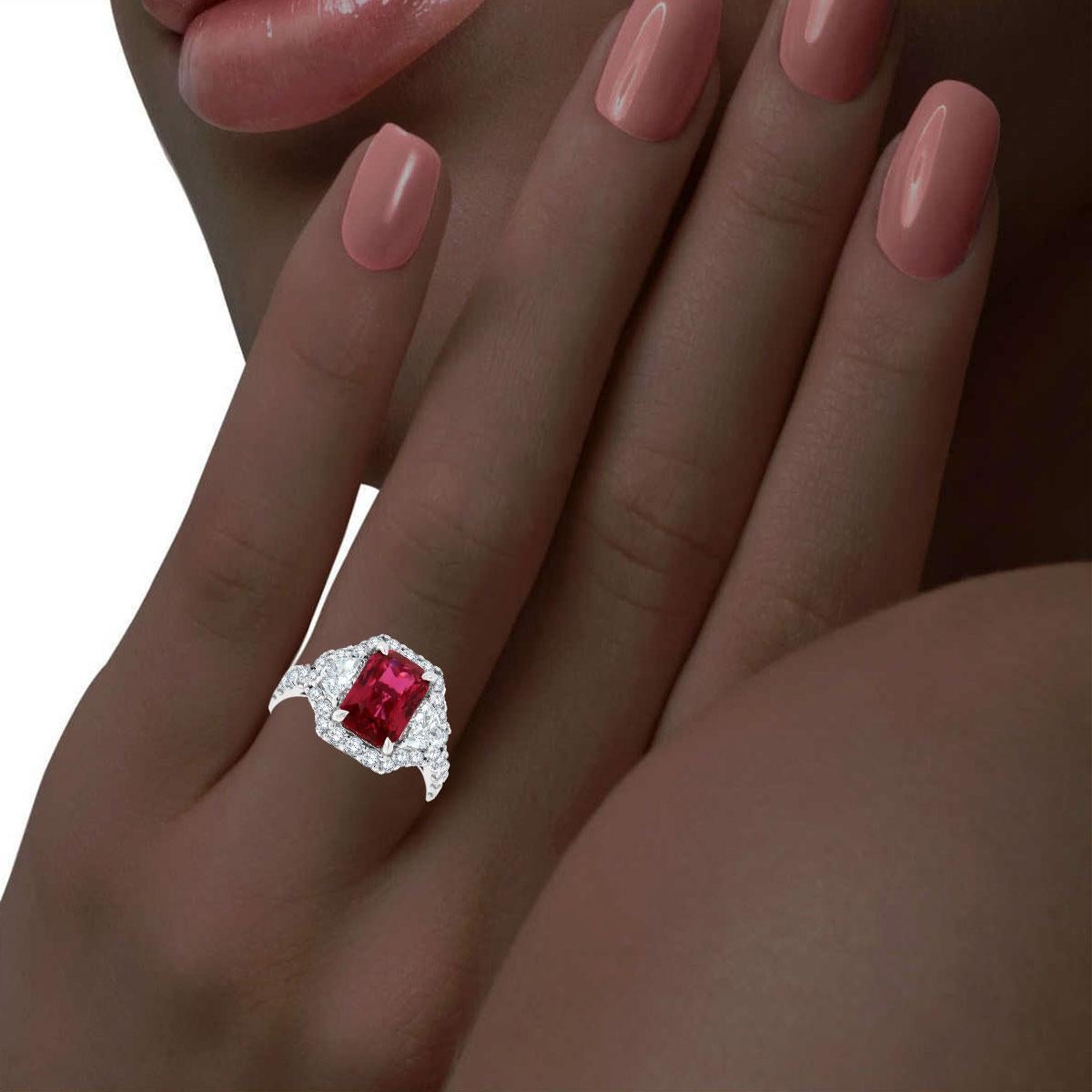 Women's Platinum Rare Natural Ruby Octagonal Shape & Diamond Halo Ring. GIA 3.5 Carat