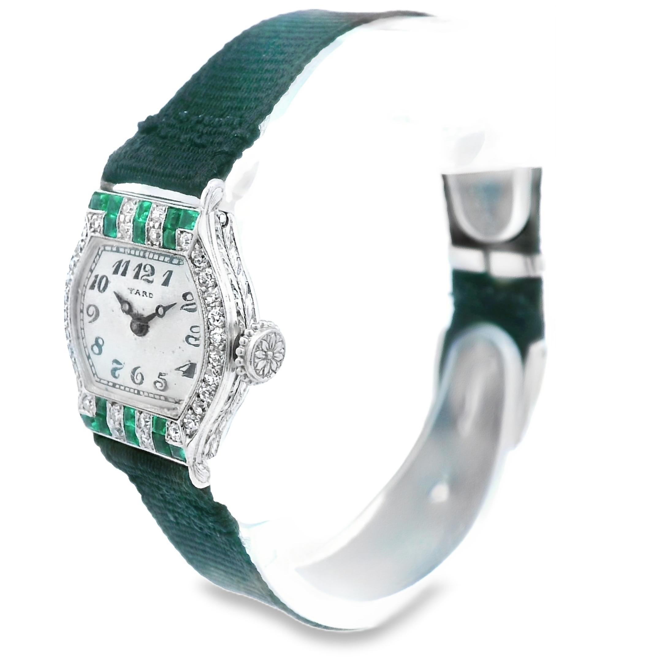 Round Cut Platinum Raymond Yard Diamond and Emerald Deco Watch For Sale