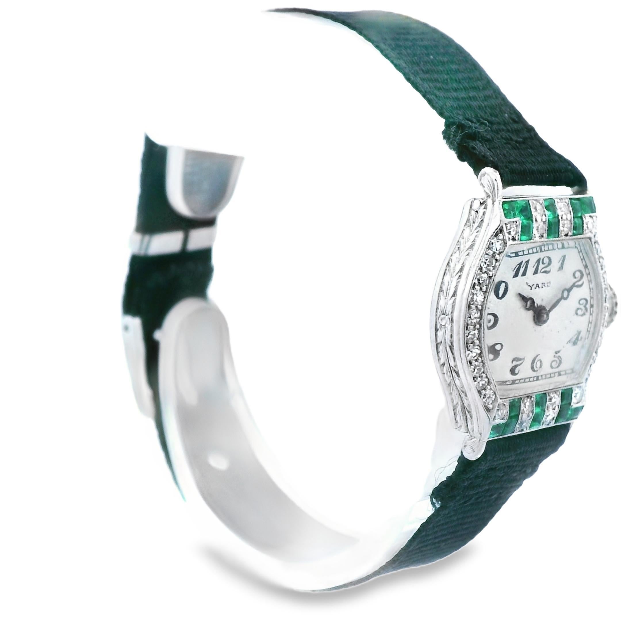 Platinum Raymond Yard Diamond and Emerald Deco Watch In Good Condition For Sale In Lexington, KY
