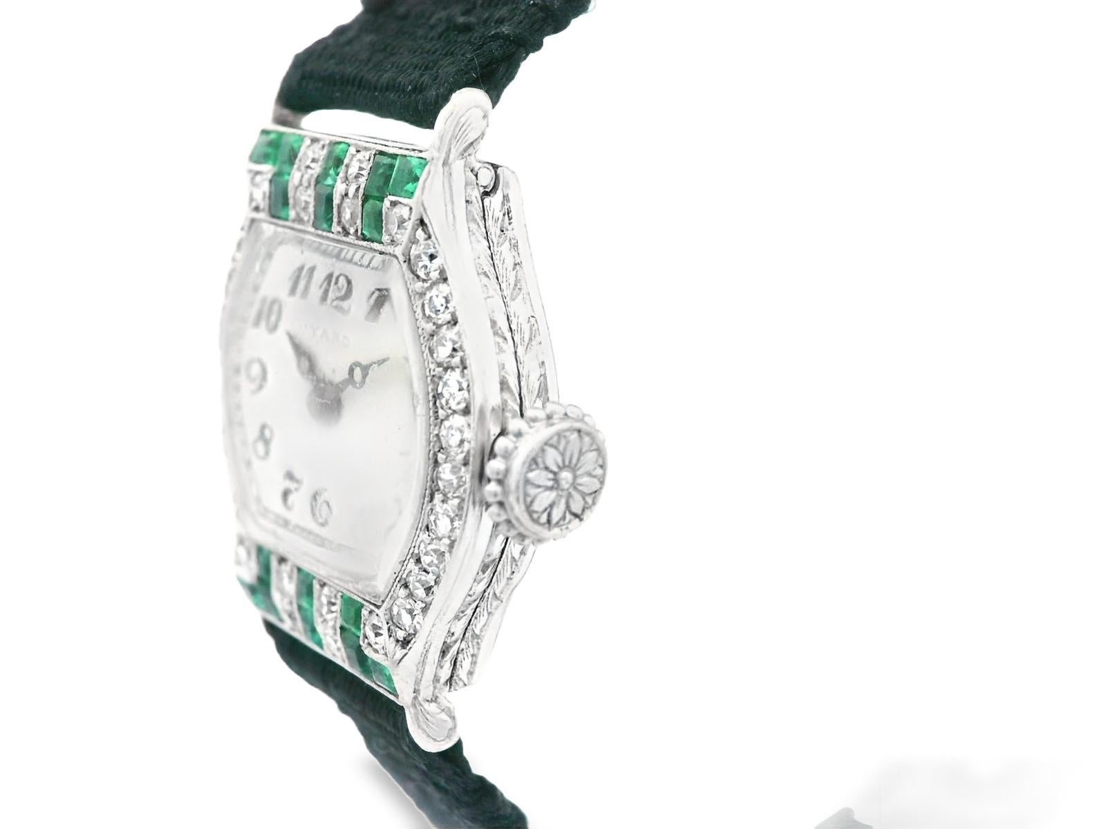 Platinum Raymond Yard Diamond and Emerald Deco Watch For Sale 1