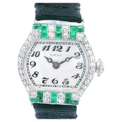 Platinum Raymond Yard Diamond and Emerald Deco Watch