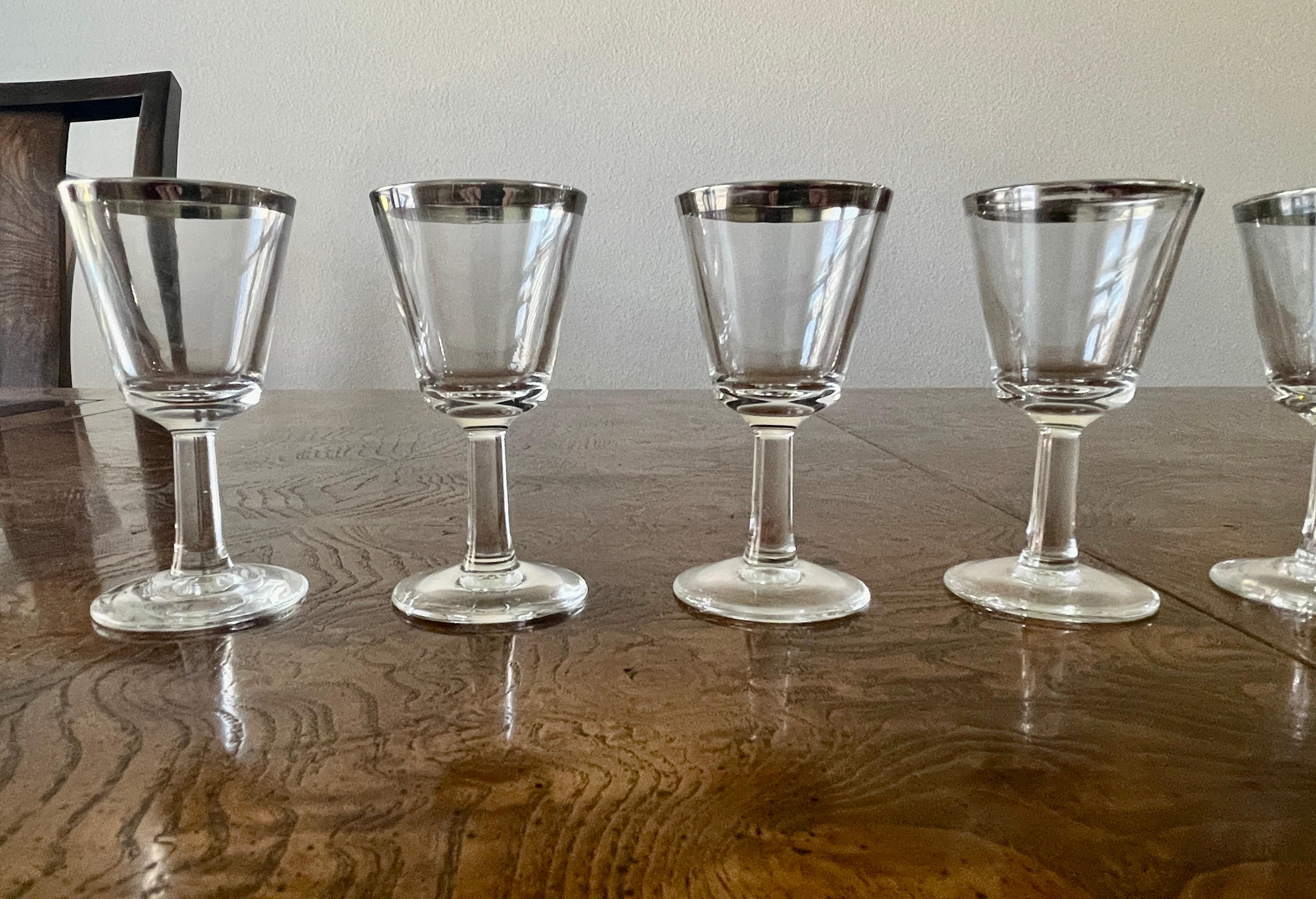Mid-Century Modern Platinum Rimmed Cordial Glasses- Set of 8 For Sale
