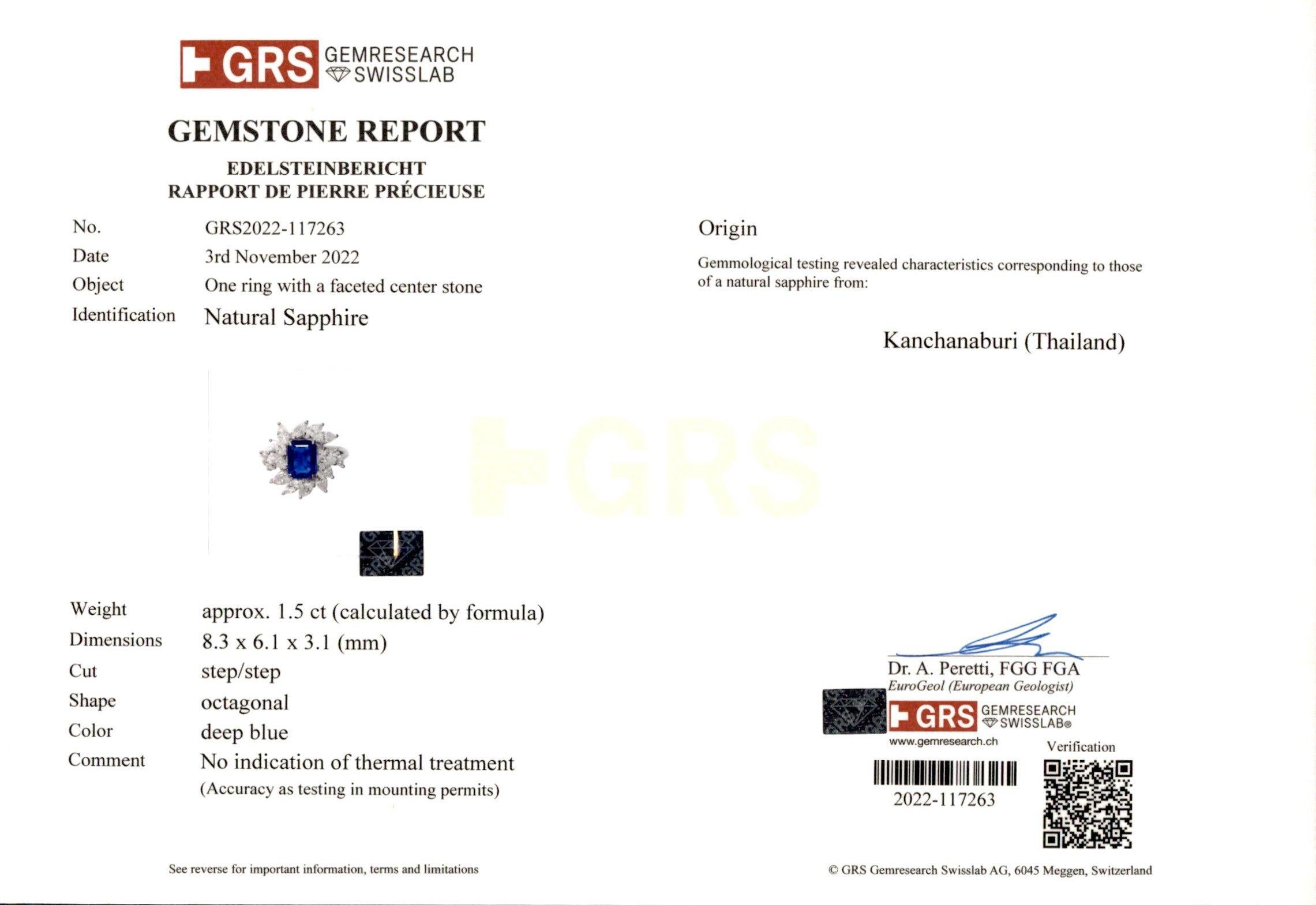 Platinum Ring 1.5ct No Heat Sapphire, Diamonds GRS Certificate Estate Sultan Oma For Sale 4