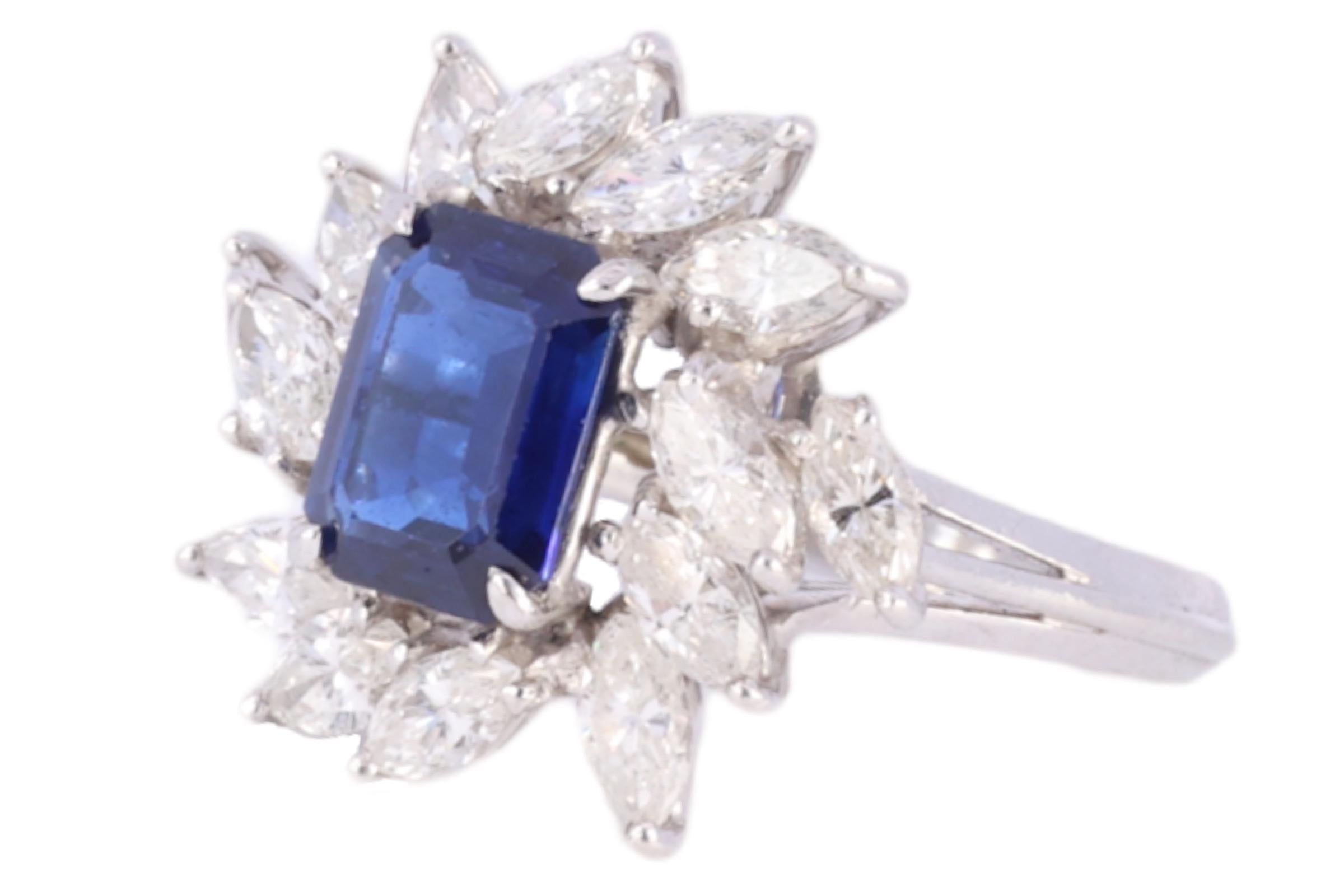 Magnificent Ring With 1.5ct Deep Blue Sapphire, Marquise Diamonds with GRS Certificate from Estate His Majesty Sultan Of Oman Qaboos Bin Said

Sapphire: Octagonal, Deep blue Natural Sapphire 1.5ct, Origin Thailand. No indications of treatment. Comes
