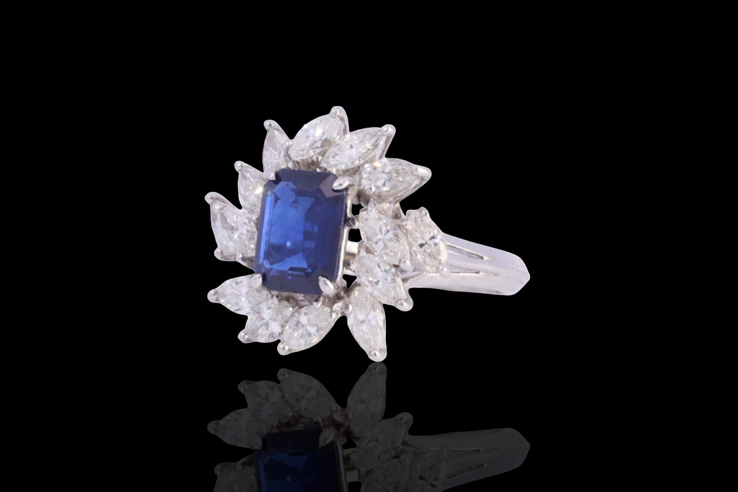 Platinum Ring 1.5ct No Heat Sapphire, Diamonds GRS Certificate Estate Sultan Oma In Excellent Condition For Sale In Antwerp, BE