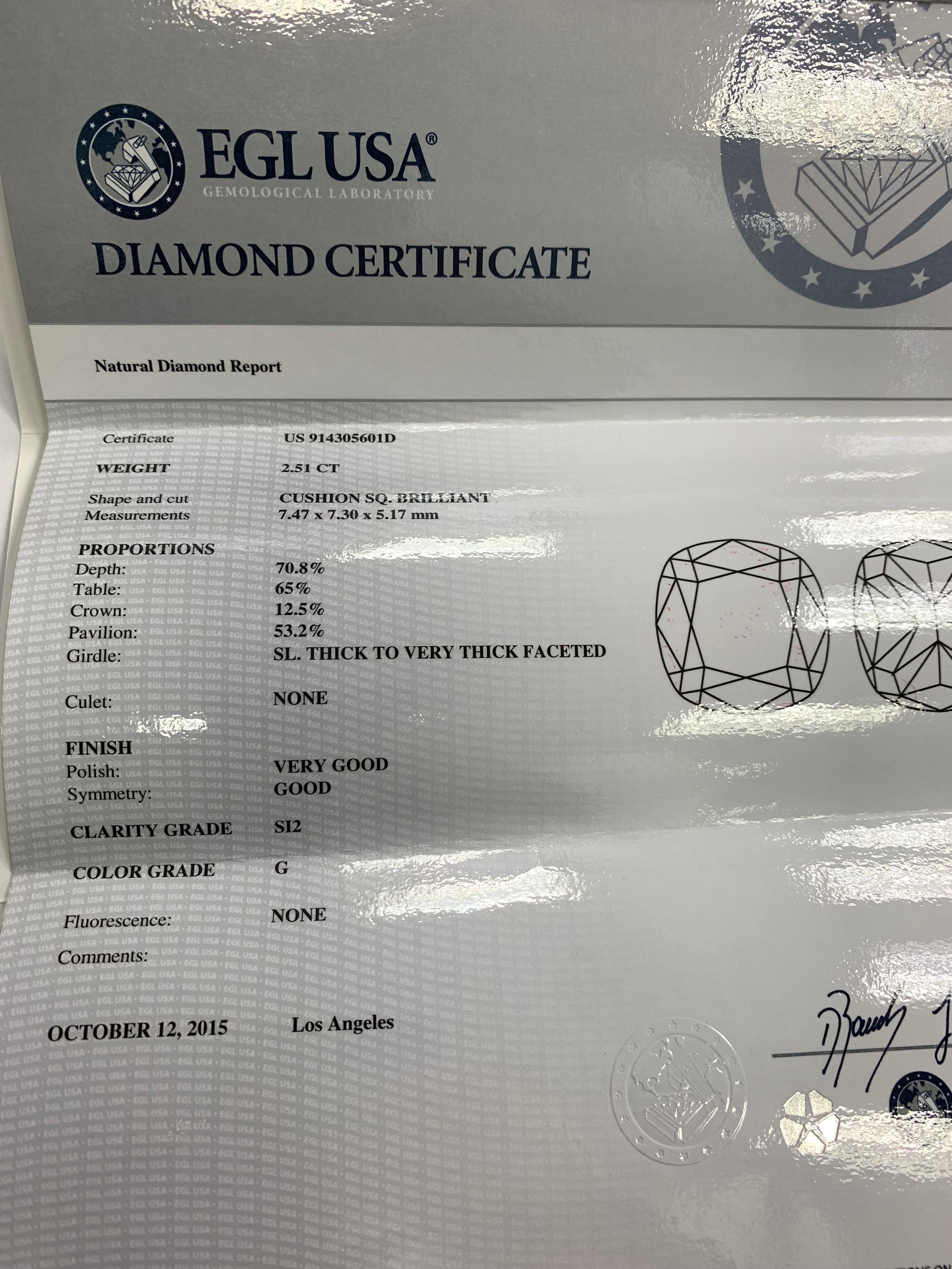 EGL USA Certified Platinum Ring 2.51 Carat Natural Cushion Diamond G SI2 None In Good Condition In Los Angeles, CA