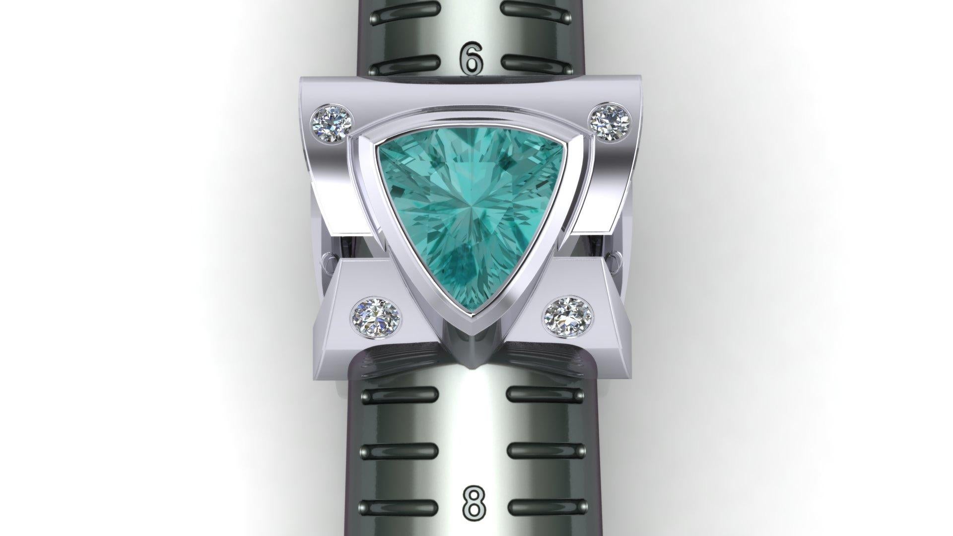 Contemporary Platinum Ring 3.50 Ct Trillion Cut Paraiba Color Tourmaline and .50 Ct Diamonds For Sale