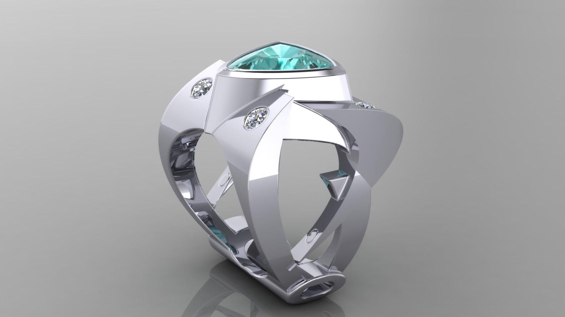 Platinum Ring 3.50 Ct Trillion Cut Paraiba Color Tourmaline and .50 Ct Diamonds In New Condition For Sale In Sarasota, FL