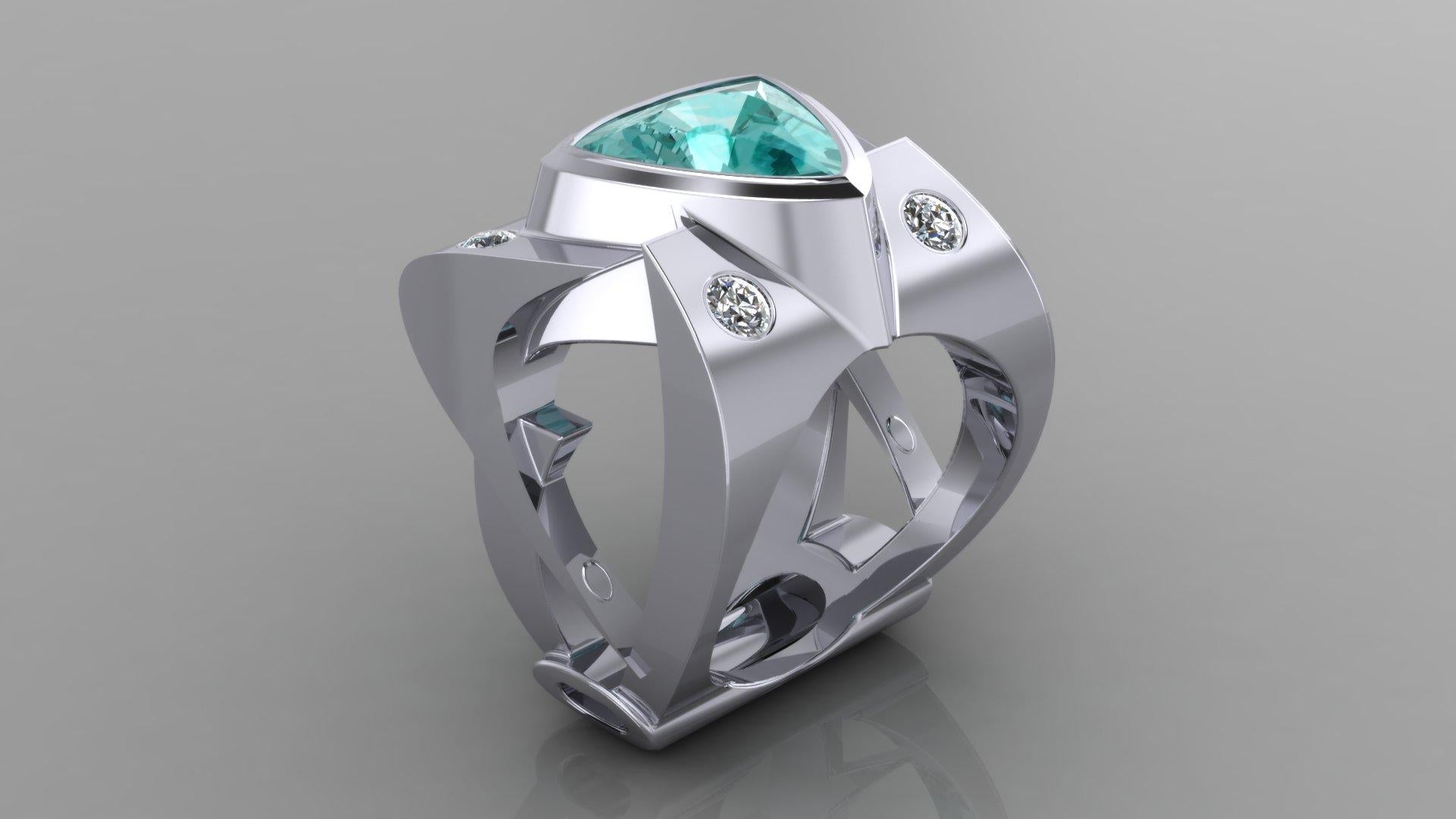 Women's or Men's Platinum Ring 3.50 Ct Trillion Cut Paraiba Color Tourmaline and .50 Ct Diamonds For Sale