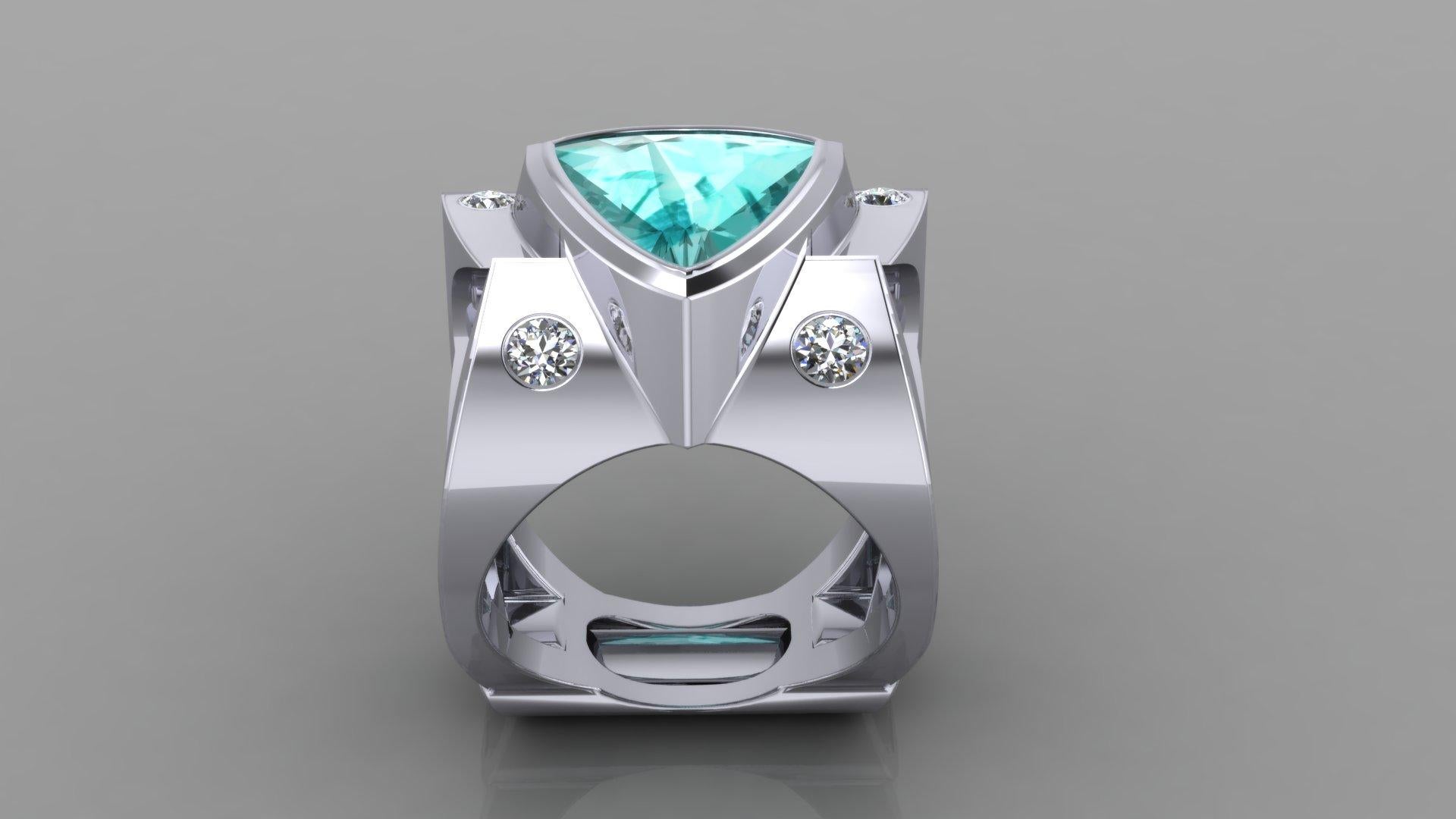Platinum Ring 3.50 Ct Trillion Cut Paraiba Color Tourmaline and .50 Ct Diamonds For Sale 1
