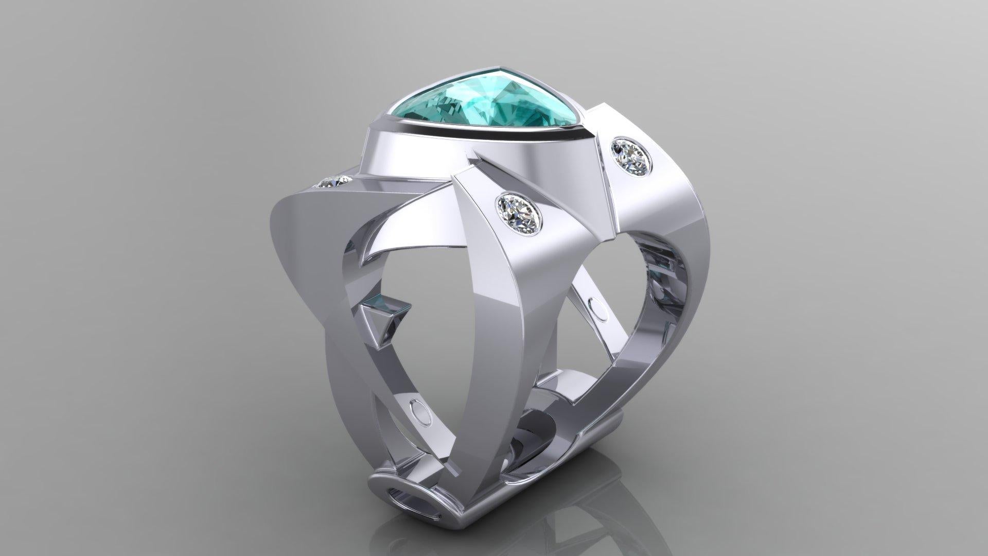 Platinum Ring 3.50 Ct Trillion Cut Paraiba Color Tourmaline and .50 Ct Diamonds For Sale 2
