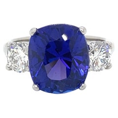 Platinum Ring  5.97Ct Rectangular Cushion Tanzanite And 2=1.05tw Round Diamonds