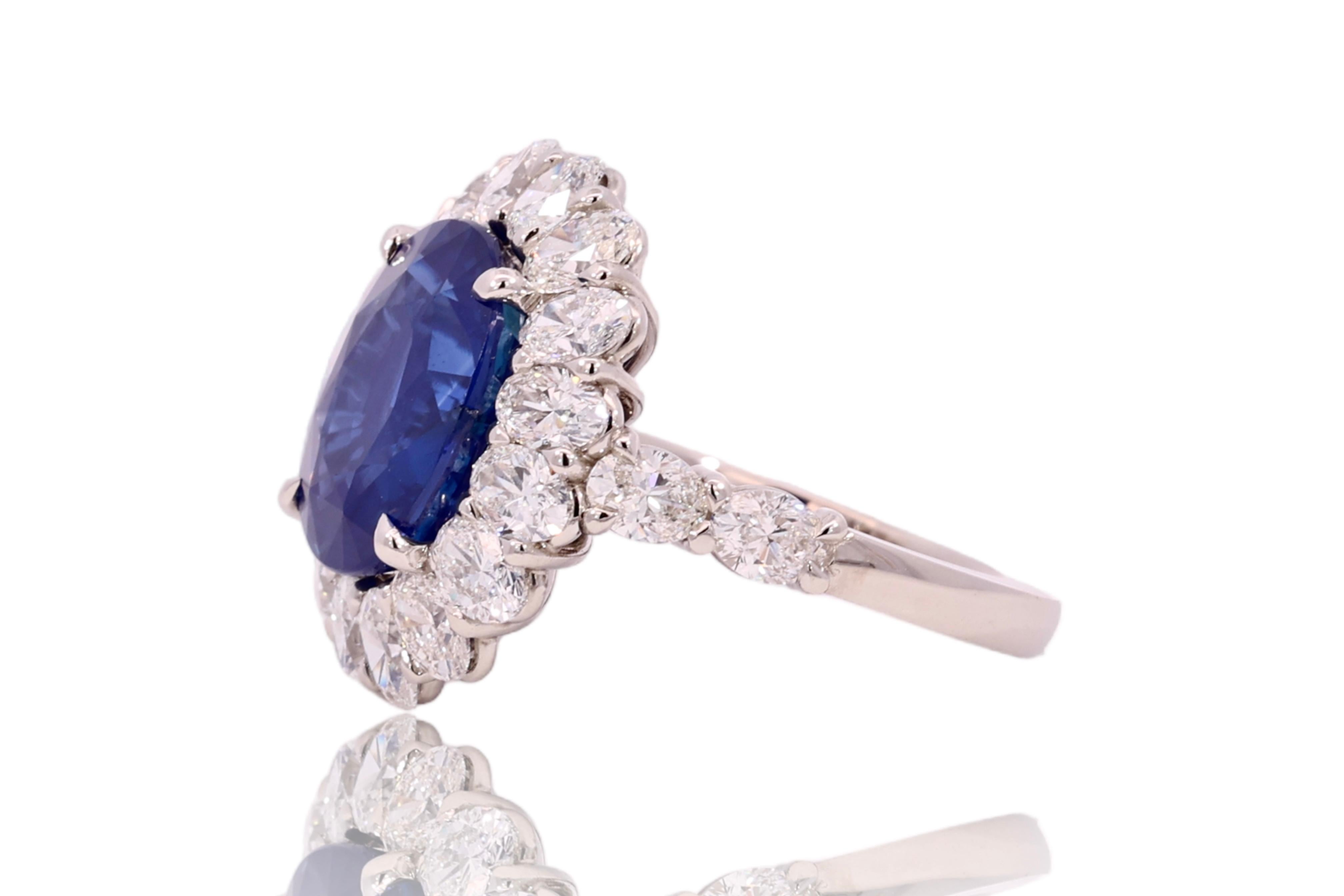 Artisan Platinum Ring 8.02 Carat Kashmir Sapphire, 3.75ct Oval Diamonds, IGI Certified For Sale