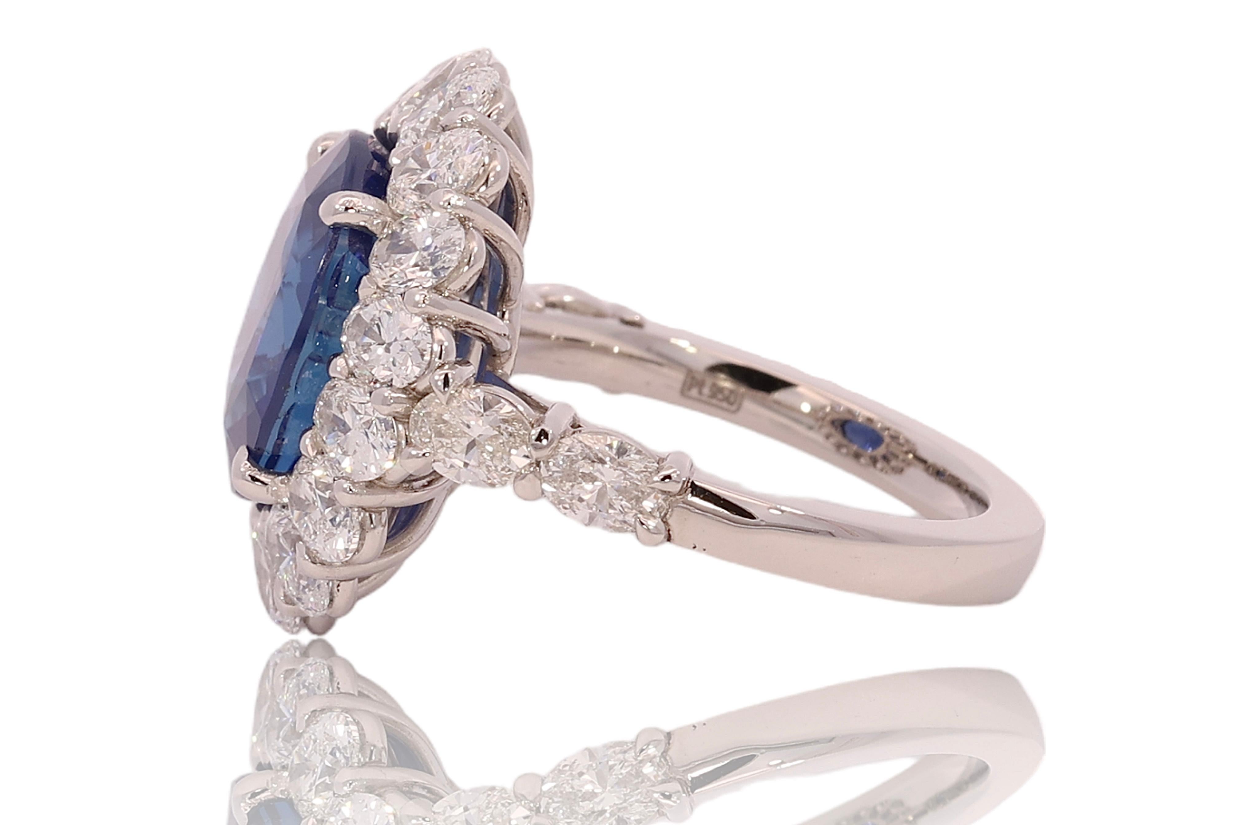 Oval Cut Platinum Ring 8.02 Carat Kashmir Sapphire, 3.75ct Oval Diamonds, IGI Certified For Sale