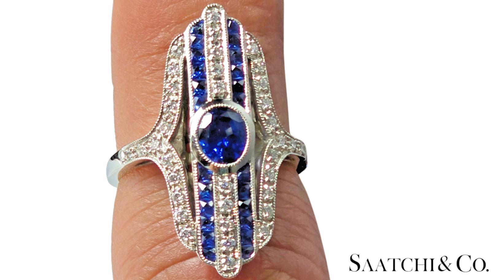 Art Déco Anello di platino da 9,2 grammi - Zaffiro naturale da 0,85 carati e diamante da 0,35 carati, certificato GIA in vendita