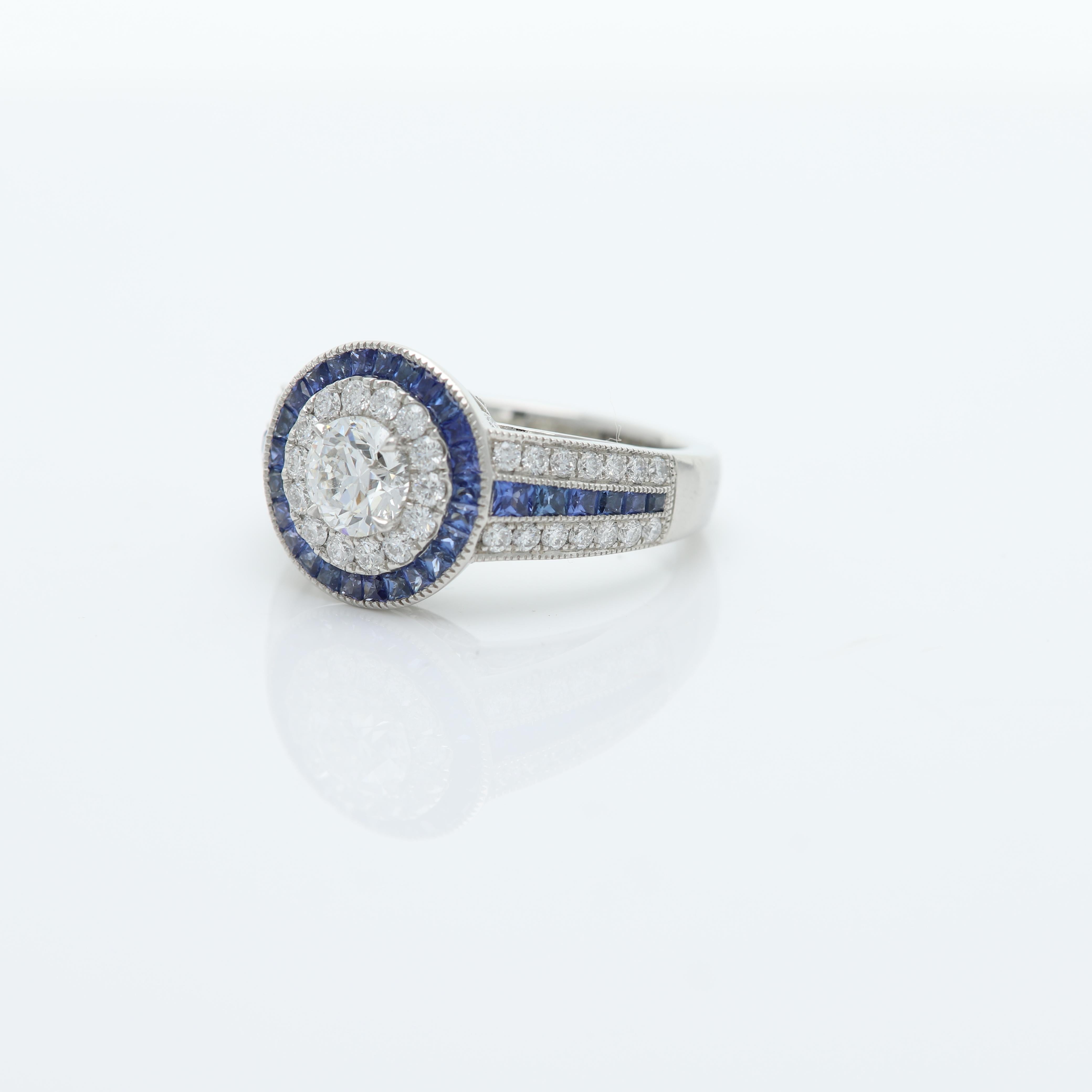 Platinring im Art-déco-Stil, runder Diamant & blauer Saphir (Art déco) im Angebot