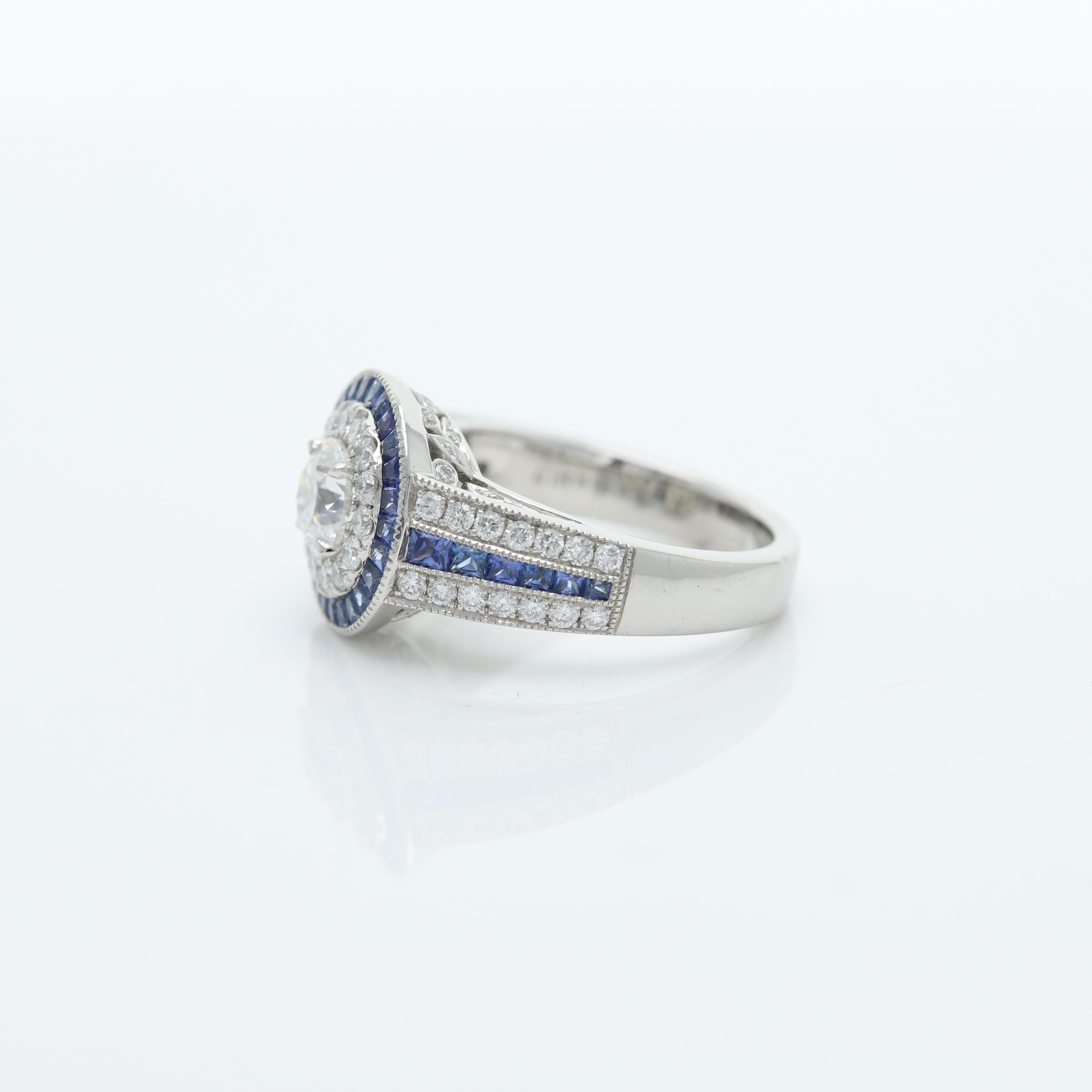 Platinring im Art-déco-Stil, runder Diamant & blauer Saphir (Rundschliff) im Angebot