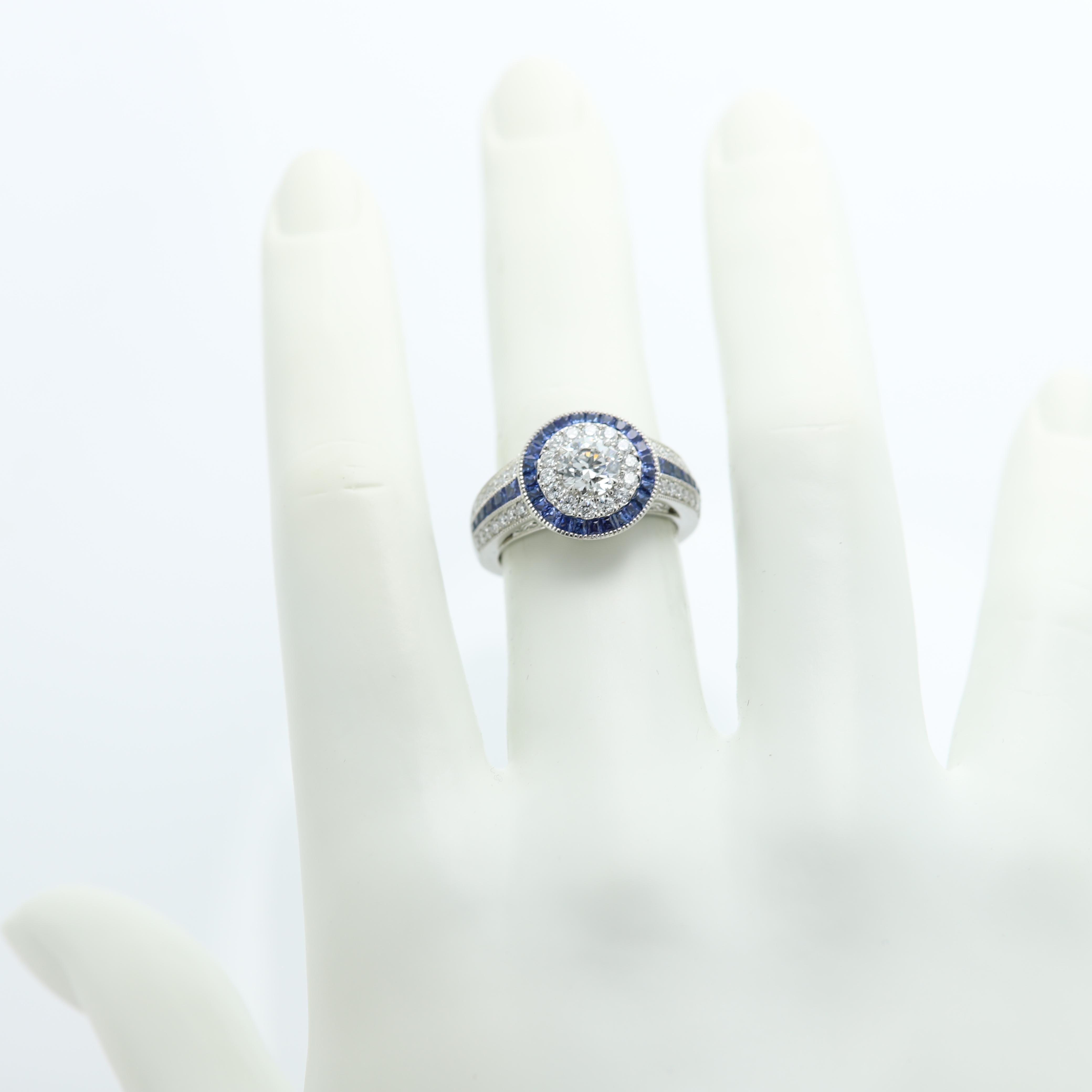 Platinring im Art-déco-Stil, runder Diamant & blauer Saphir im Angebot 2