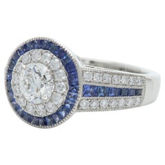 Platinum Ring Art Deco Style Round Diamond & Blue Sapphire