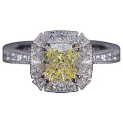 Platinum Ring Cushion Cut Fancy Yellow Diamond Cocktail Ring